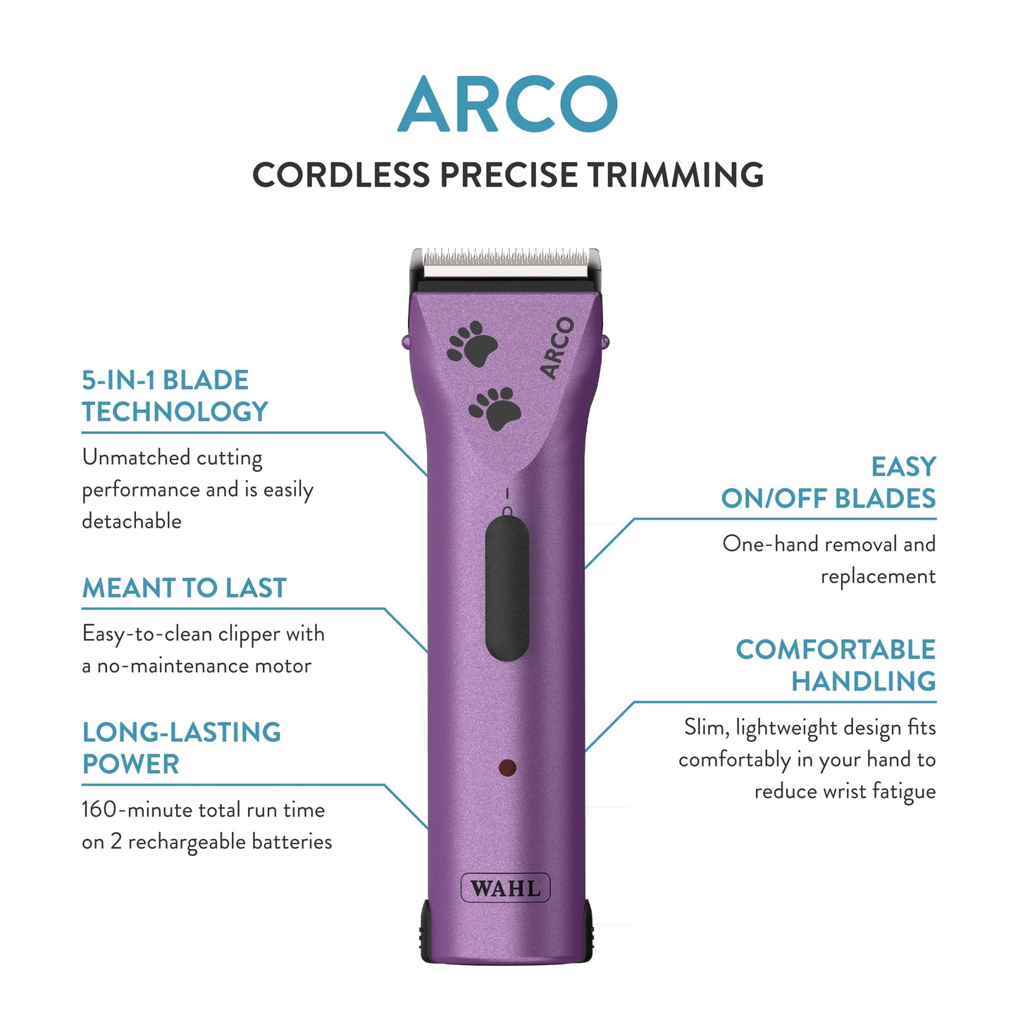 Wahl Professional Animal Arco Pet, Dog, Cat, and Horse Cordless Clipper Kit, Purple (8786-1001)