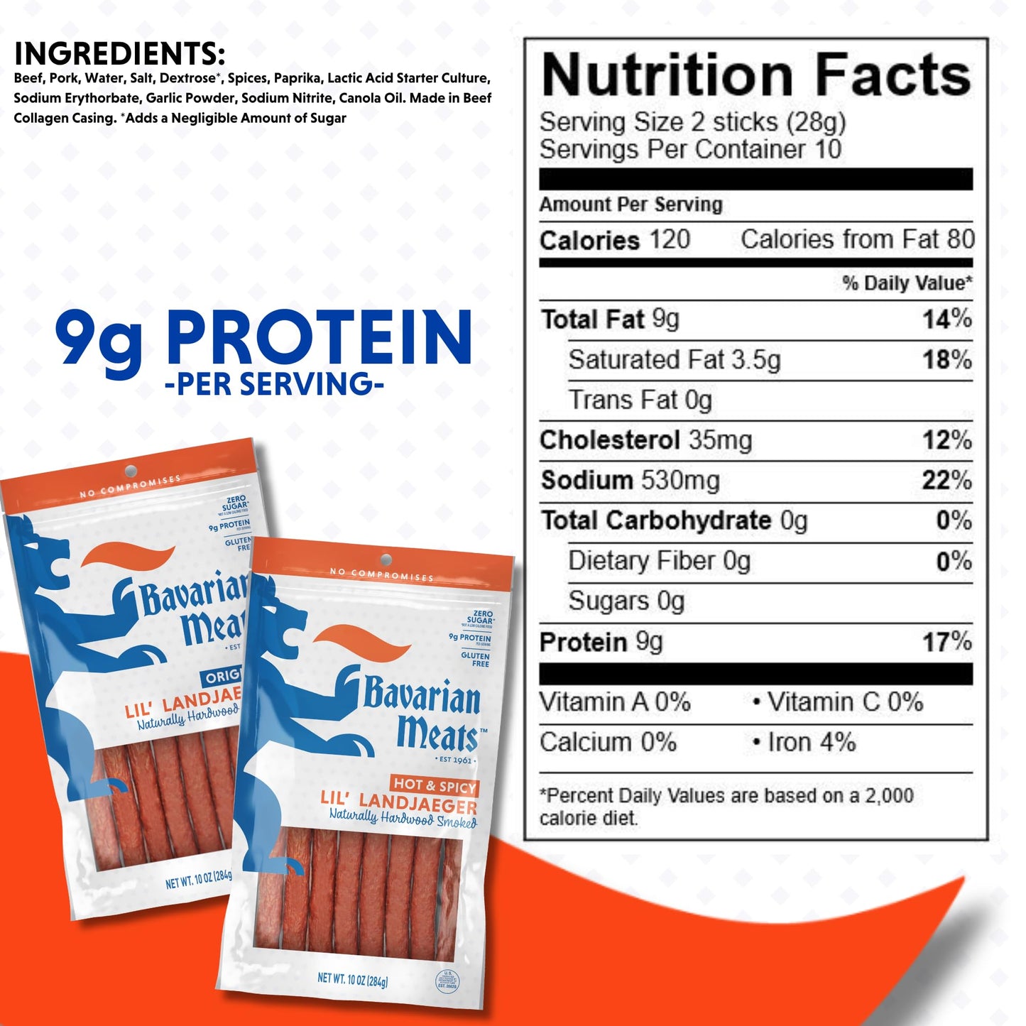 Bavarian Meats Lil' Landjaeger Meat Sticks, Smoked Sausage Protein Snacks, Zero Sugar, Great Source of Protein, Gluten Free, Keto Friendly Low Carb Snack, 10 Ounce
