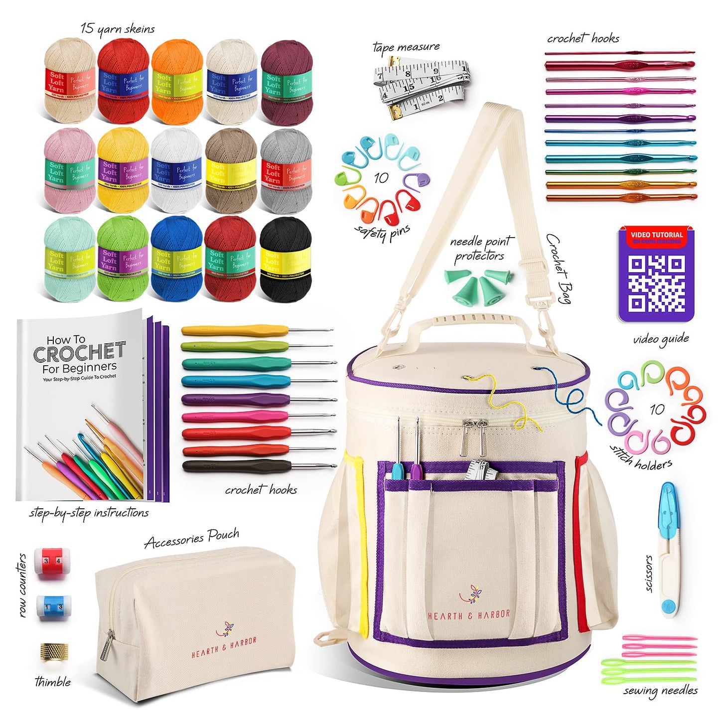 Crochet Kit for Beginners with Yarn, Beginner Crochet Kit for Adults and Kids, 21 Hooks, Knitting Kit Bag, Instructions Step-by-Step Video Tutorials, Plus Crochet Accessories Supplies, Crochet Gifts