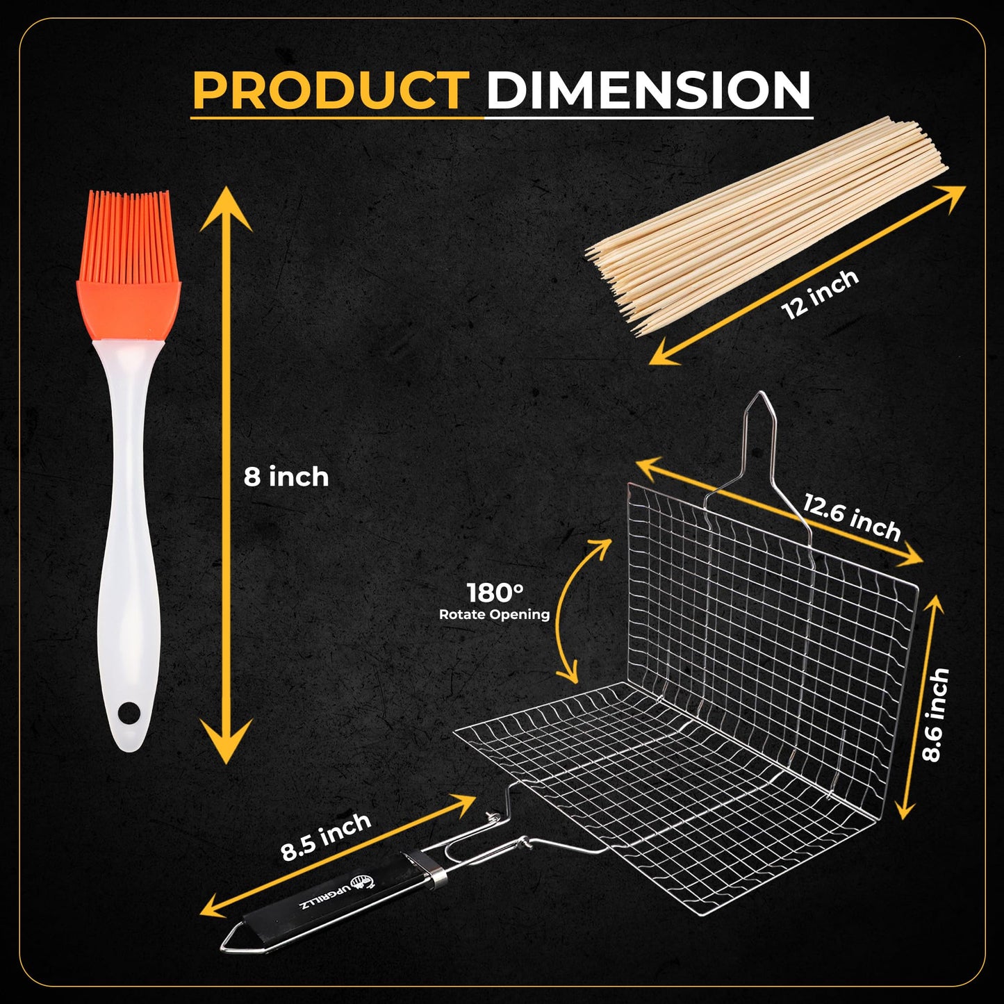 UPGRILLZ Fish Grill Baskets for Outdoor Grill Vegetables, Fish Grilling rack for Grill, BBQ Grilling Basket, Stainless steel Grill Basket for Veggies, shrimp Includes 50 skewers, Silicon Brush, and Carry Bag