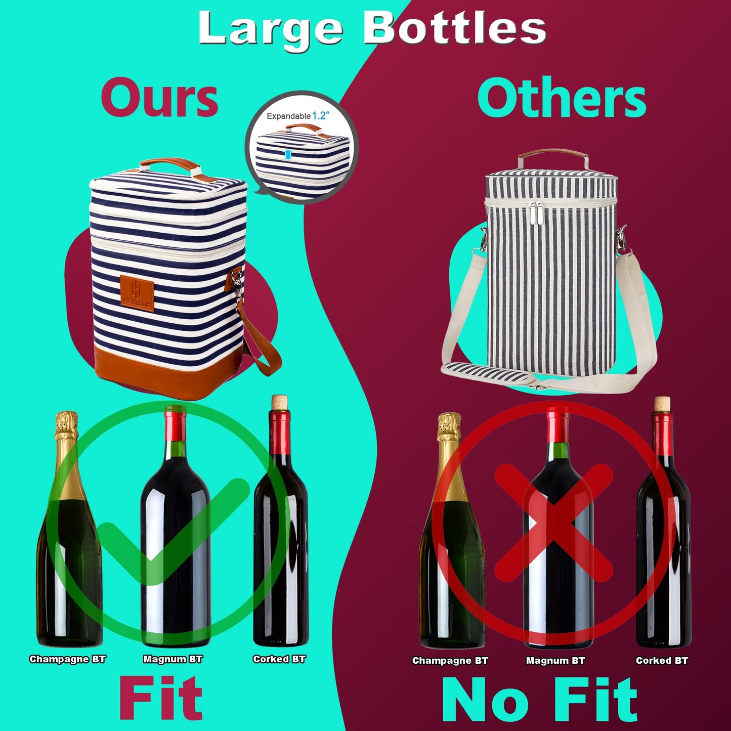 HAMILO 4 Bottle Wine Carrier - Stripe, Champagne Carrier Bag, Waterproof Wine Tote Bag with Expandable Zipper and Padded Shoulder, Insulated Wine Bag, Wine Cooler Bag, Wine Accessories Gift for Women