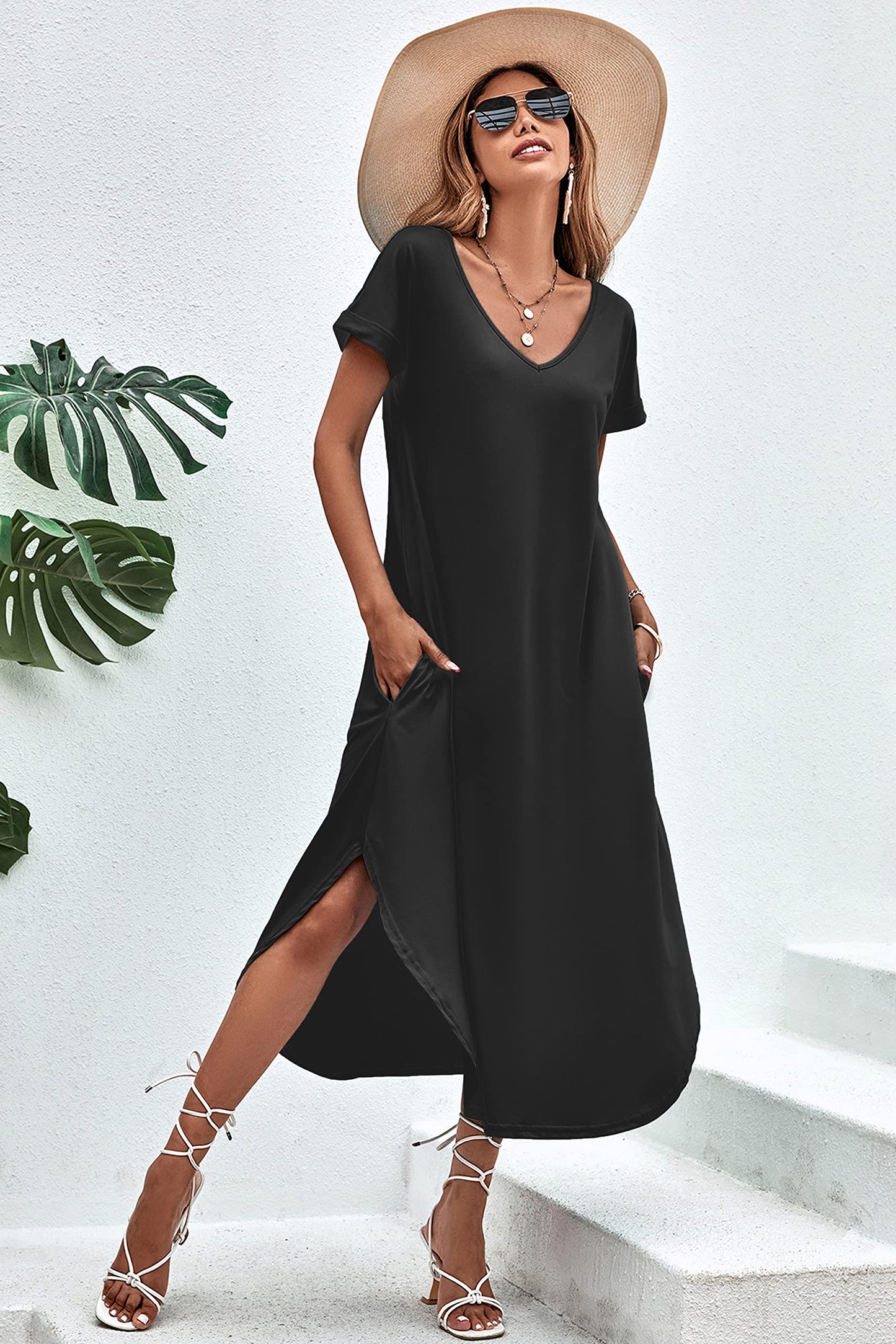Ekouaer Nightgowns for Women V Neck Nightshirts Short Sleeve Soft Sleepwear Side Split Pockets Long Nightdress Black