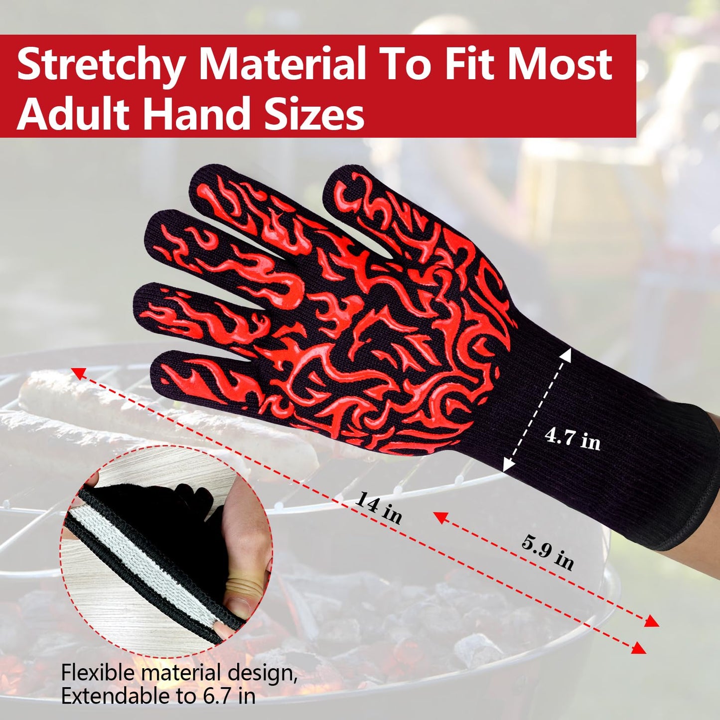 UBeesize Lengthen BBQ Gloves (Phoenix), 1472°F Heat Resistant Grill Glove, 14 inch Fireproof Oven Gloves for Cooking, Non-Slip Fire Glove for Grilling, Barbecue, Smoker, Baking, Frying