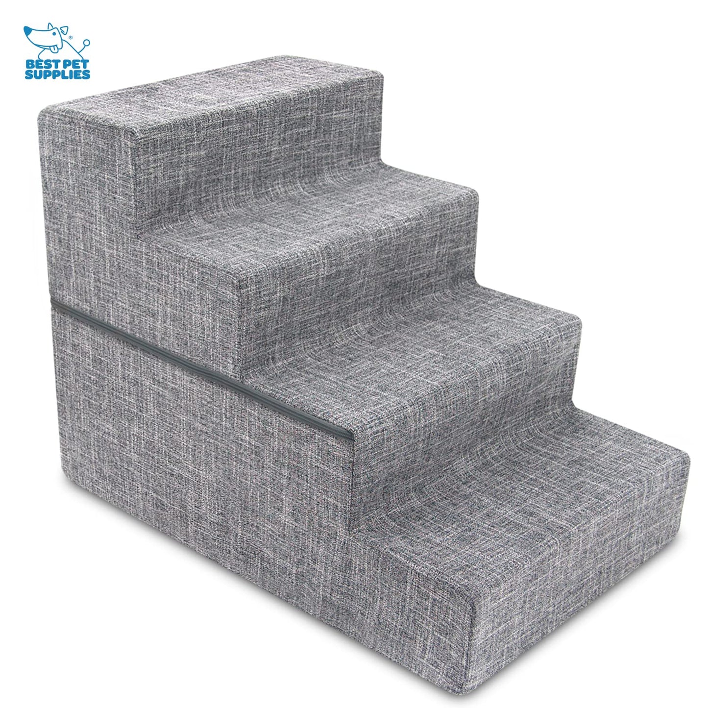 Best Pet Supplies Foldable Foam Pet Steps for Small Dogs and Cats, Portable Ramp Stairs for Couch, Sofa, and High Bed Climbing, Non-Slip Balanced Indoor Step Support, Paw Safe - Ash Gray Linen,4-Step