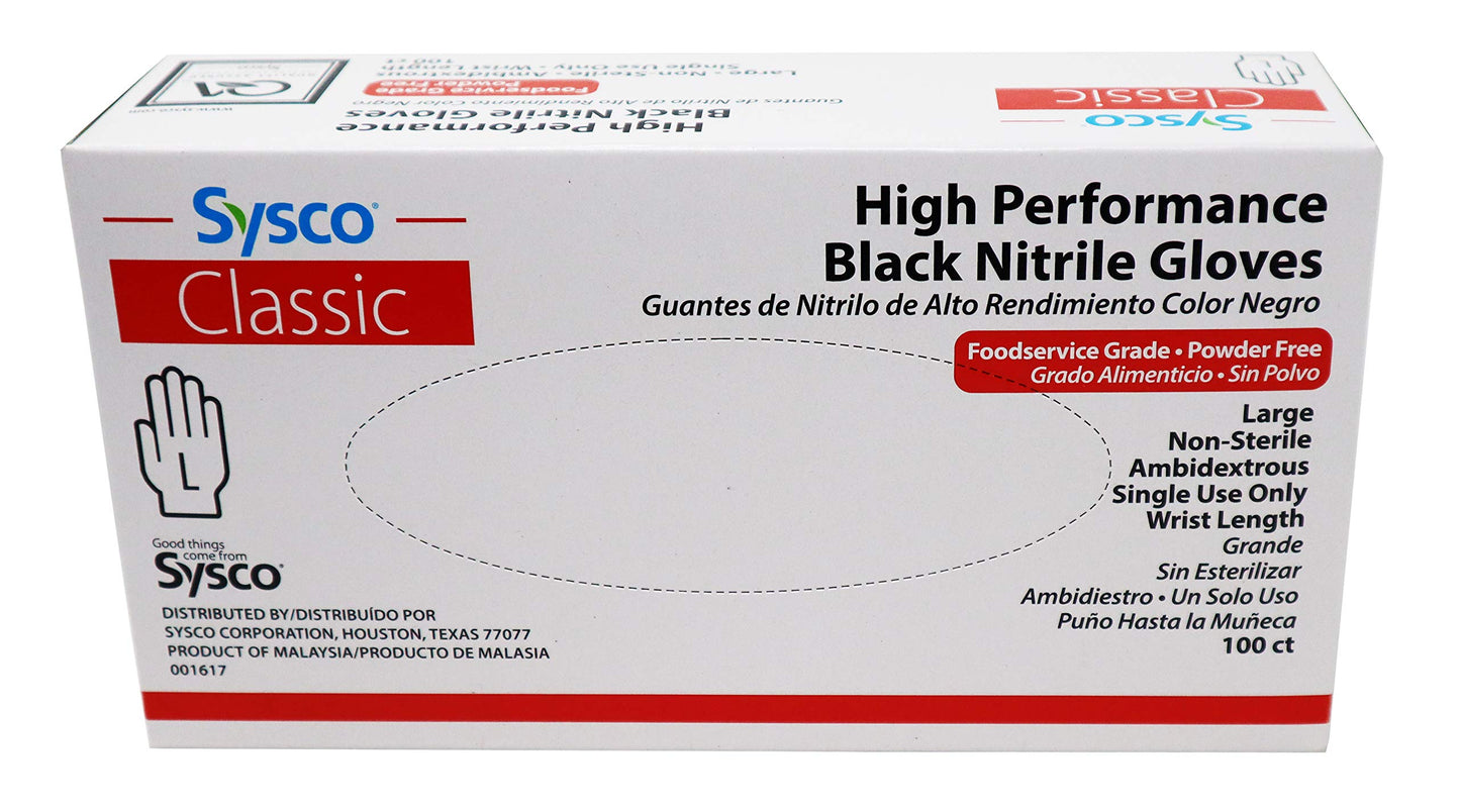 Sysco Nitrile High Performance Gloves, Powder Free, Food Grade, Disposable (100 Gloves Pack) (Large - Black)