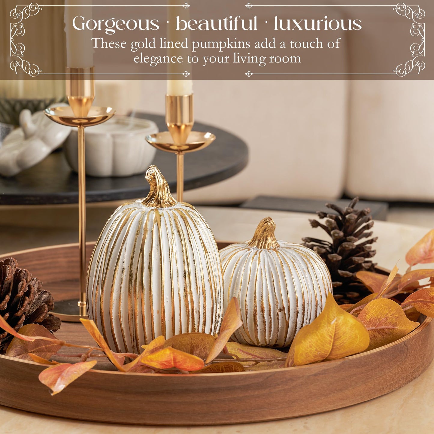 DN DECONATION White and Gold Fall Pumpkin Decorations Thanksgiving Table Centerpieces, 2 Pcs Artificial Luxury Resin Pumpkins Figurines for Decorating, Autumn Harvest Fall Home Decor Shelf Mantel