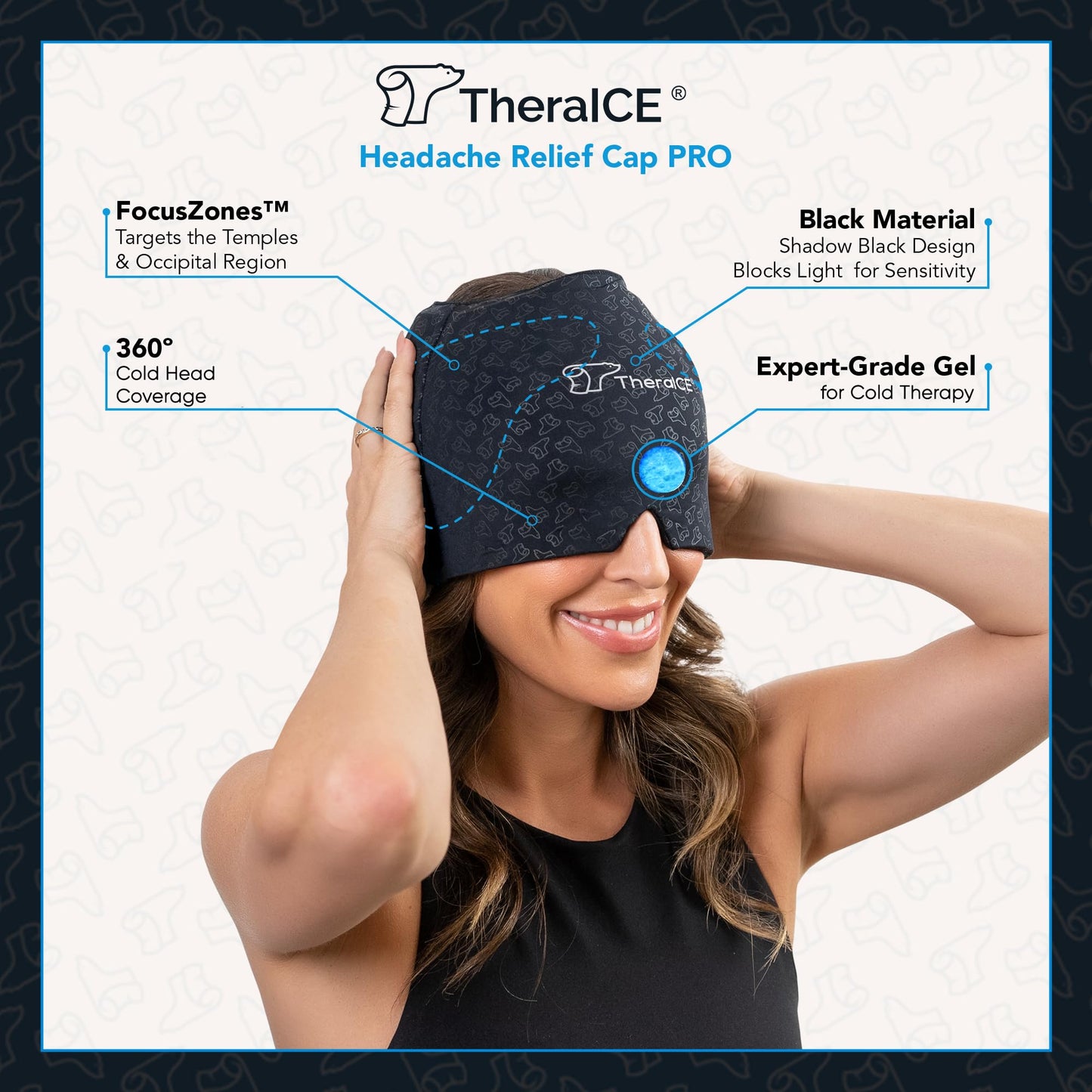 TheraICE Migraine Relief Cap PRO, Headache Relief Cap, Ice Face Mask, Cold Compress Head Wrap for Tension Headache Relief, Stress & Hangover, FocusZone Technology Provides Extra Cooling & Pressure