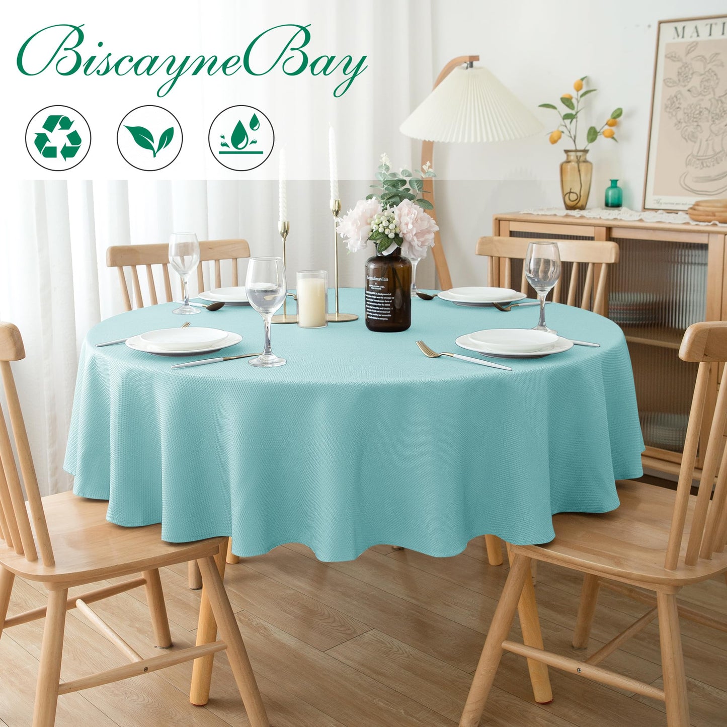 Biscaynebay Round Tablecloth 60 Inch-Auqa Blue Outdoor Fabric Table Cover-Small Circle Folding Table Cloths Linen Water Resistant for Kitchen Dining Picnic Patio Outdoor Party Restaurant Tables