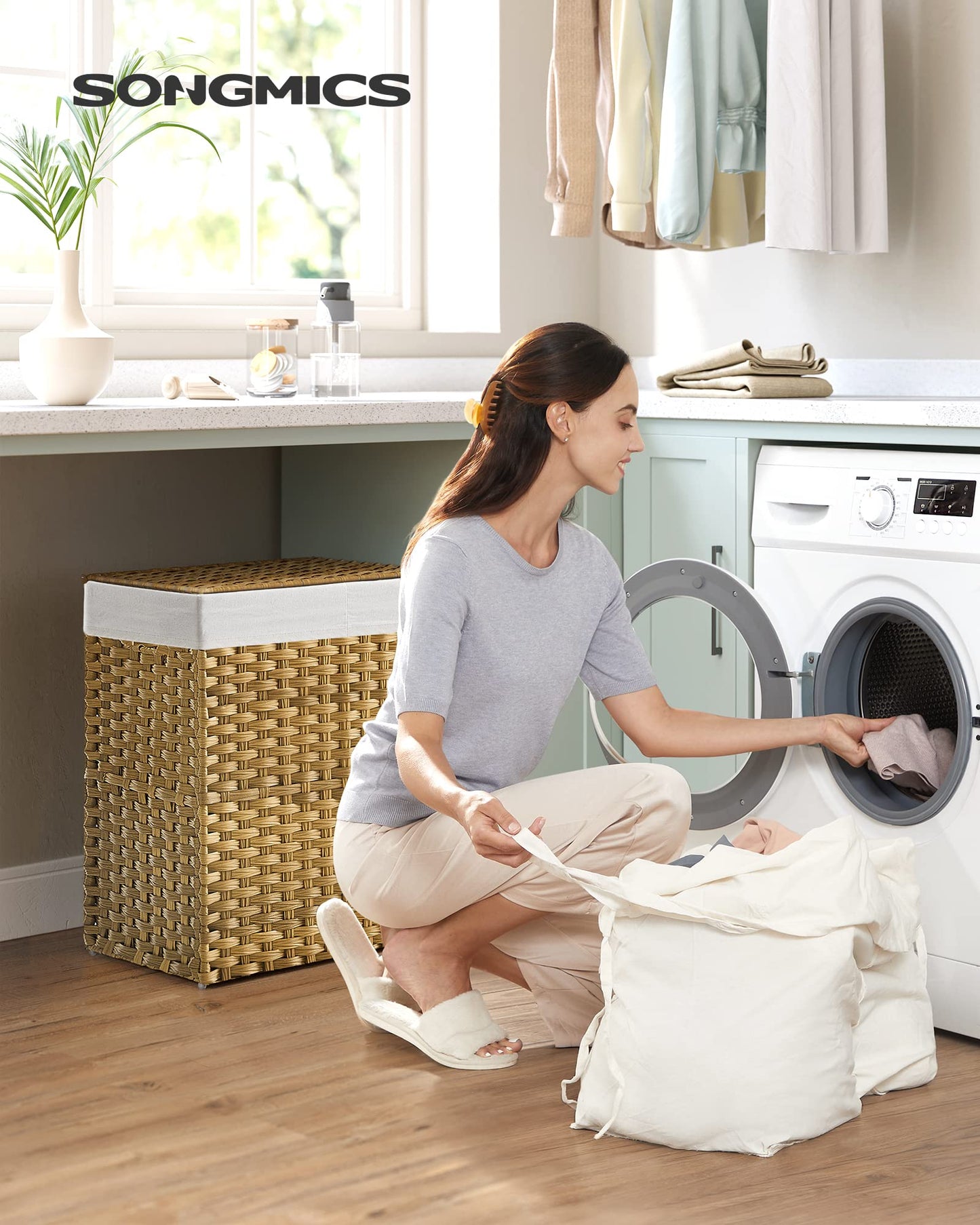 SONGMICS Laundry Hamper with Lid, 90L Clothes Hamper with 2 Removable Liner Bags, 6 Mesh Bags, Wicker Laundry Basket, Double Laundry Hamper for Bathroom, 13 x 18.1 x 23.6 Inches, Natural ULCB251N01V1