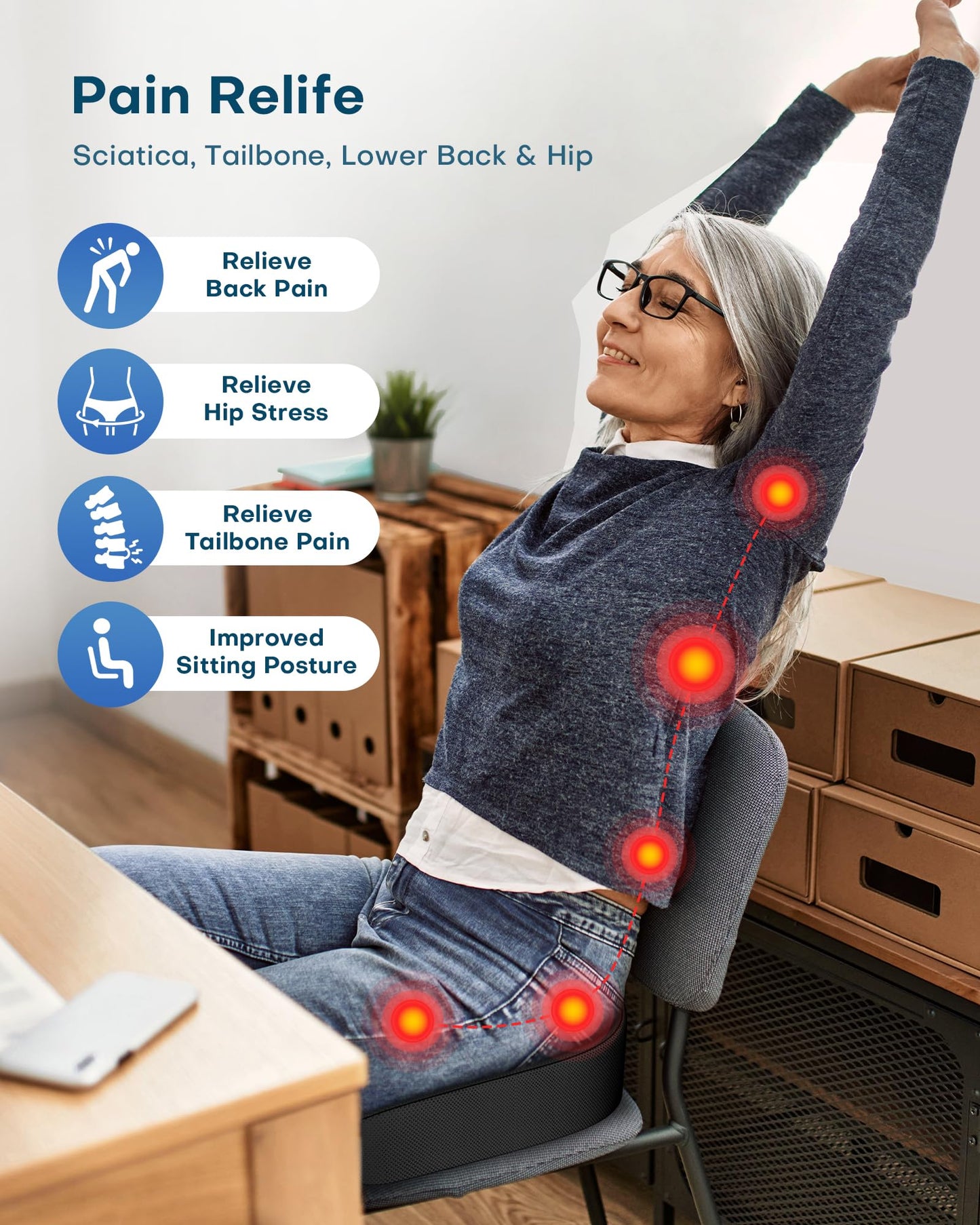 Feagar X Large Memory Foam Seat Cushions for Office Chairs Desk, Chair Cushion Tailbone Pain Relief Extra Dense Hip Sciatica Car Seat Cushion for Long Sitting Black