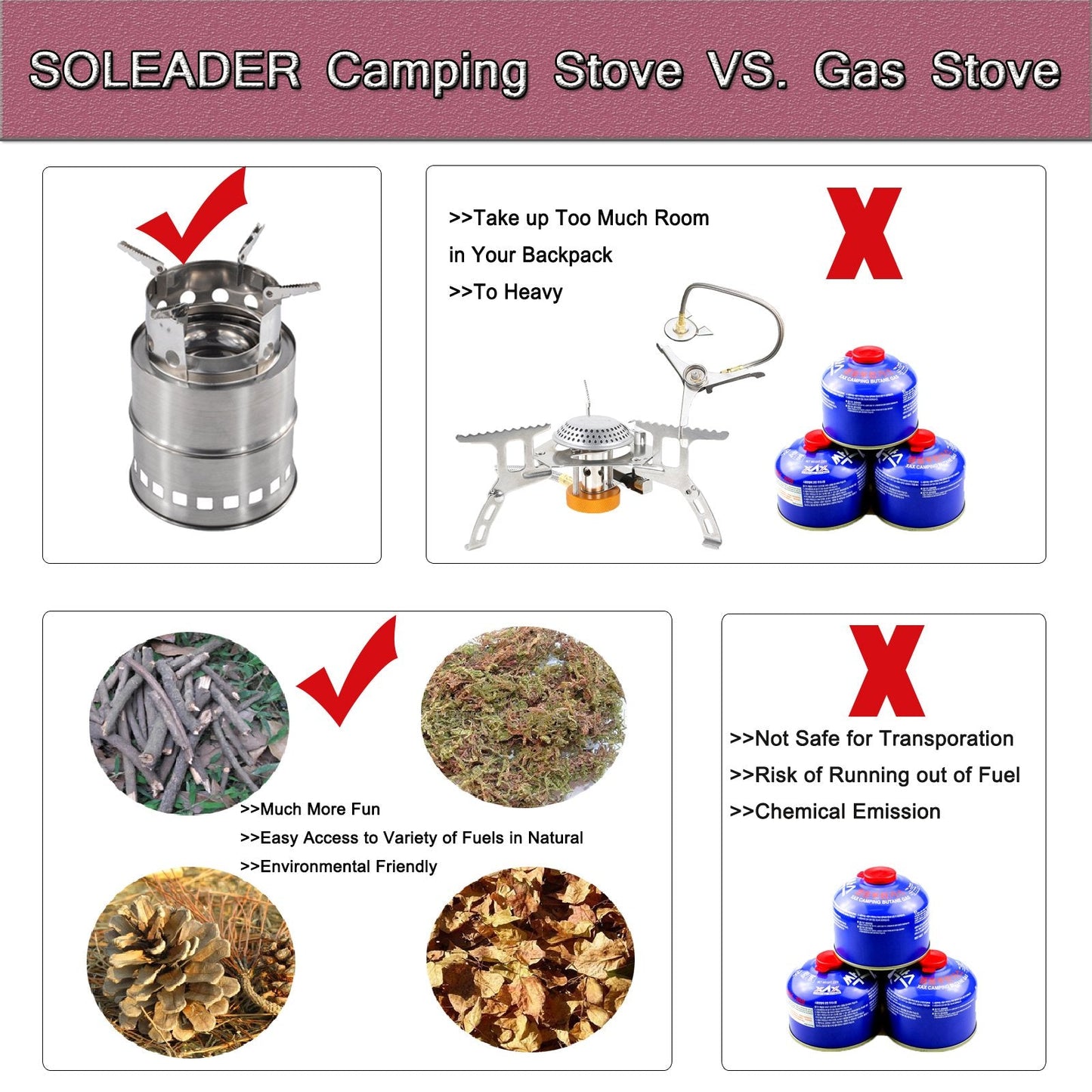 SOLEADER Portable Wood Burning Camp Stoves - Stainless Steel Compact Gasifier Stove - Twig Stove For Camping, Hiking, Picnic, BBQ, Backpacking The 3rd Generation
