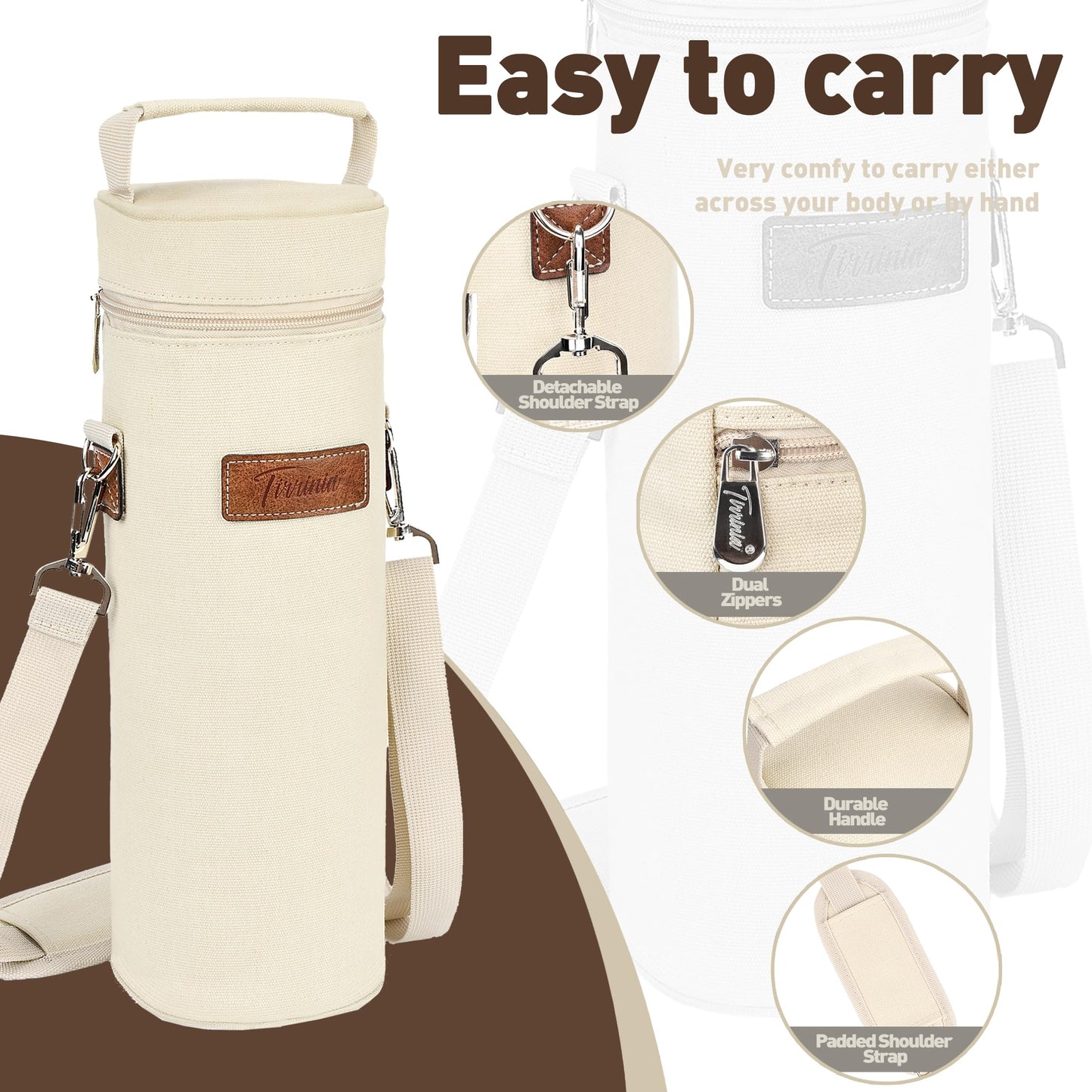 Tirrinia Single Wine Cooler Bags - Insulated & Padded Portable Wine Gift Tote Carrier for Travel, BYOB Restaurant, Wine Tasting, Party, Great Gift for Wine Lover, Beige