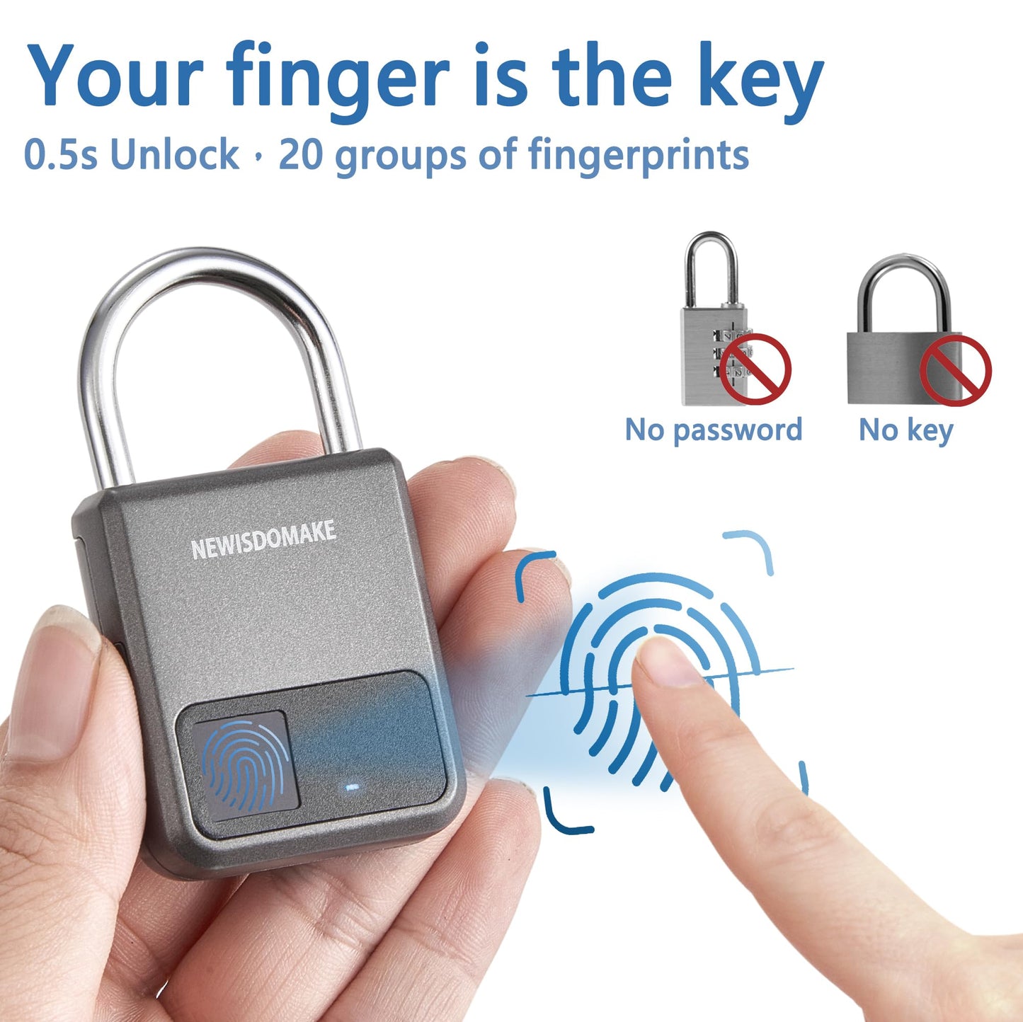 Fingerprint Padlock, Smart Padlock with USB Charging Support, Fingerprint Lock, Biometric Lock Suitable for Luggage, Bookcase, Suitcase, Backpack, Bike, School Locker, Gym Locker Lock(Gray)