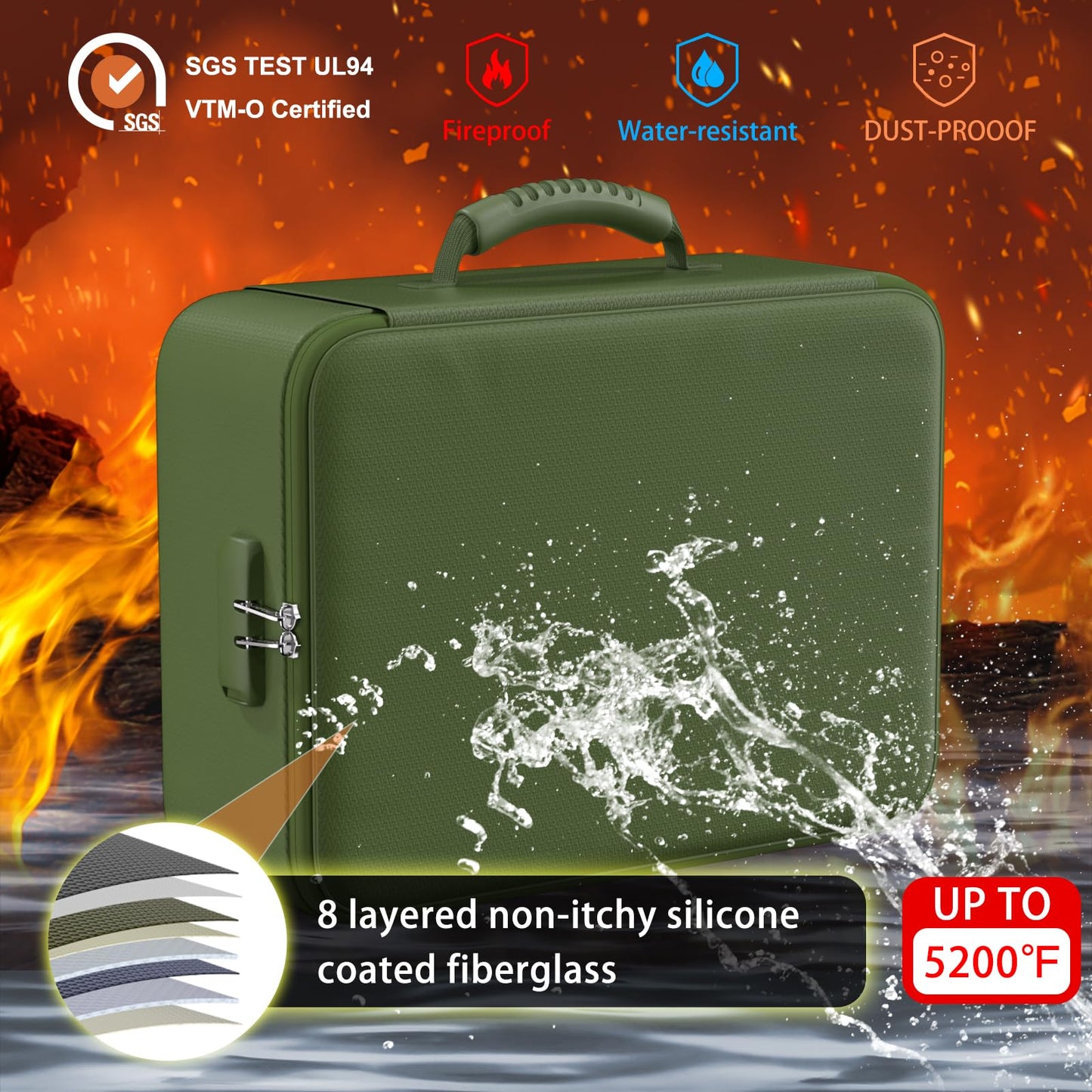 ENGPOW 5200°F Fireproof Document Bag with Lock, Upgraded Heat Insulated Fireproof&Waterproof Box 8 Layers Document Organizer, Portable Home Travel Safe Storage Box for Important Files, Laptop,Green