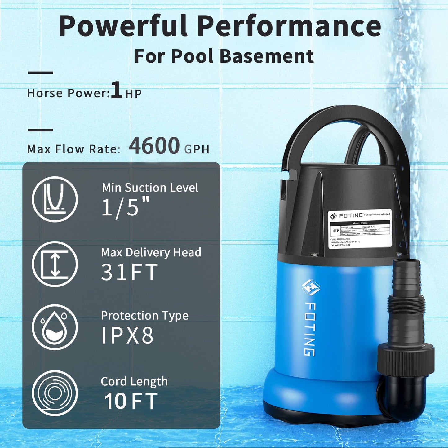 FOTING Sump Pump 1HP Clean/Dirty Submersible Water Pump, 4600GPH Utility Pump Thermoplastic Electric Portable Transfer Water Pump for Swimming Pool Garden Pond Basement with 10ft Long Power Cord