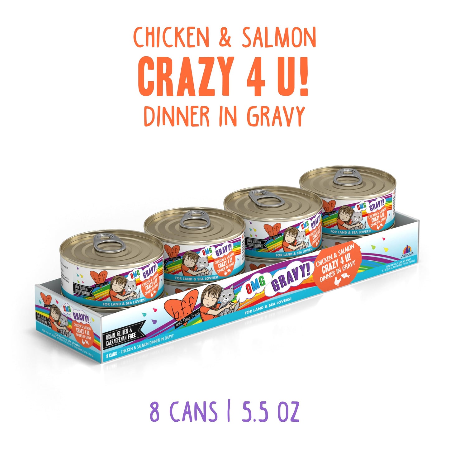 Weruva B.F.F. OMG - Best Feline Friend Oh My Gravy! Grain-Free Wet Cat Food Cans, Crazy 4 U! Chicken & Salmon, 5.5-Ounce Can (Pack of 8)