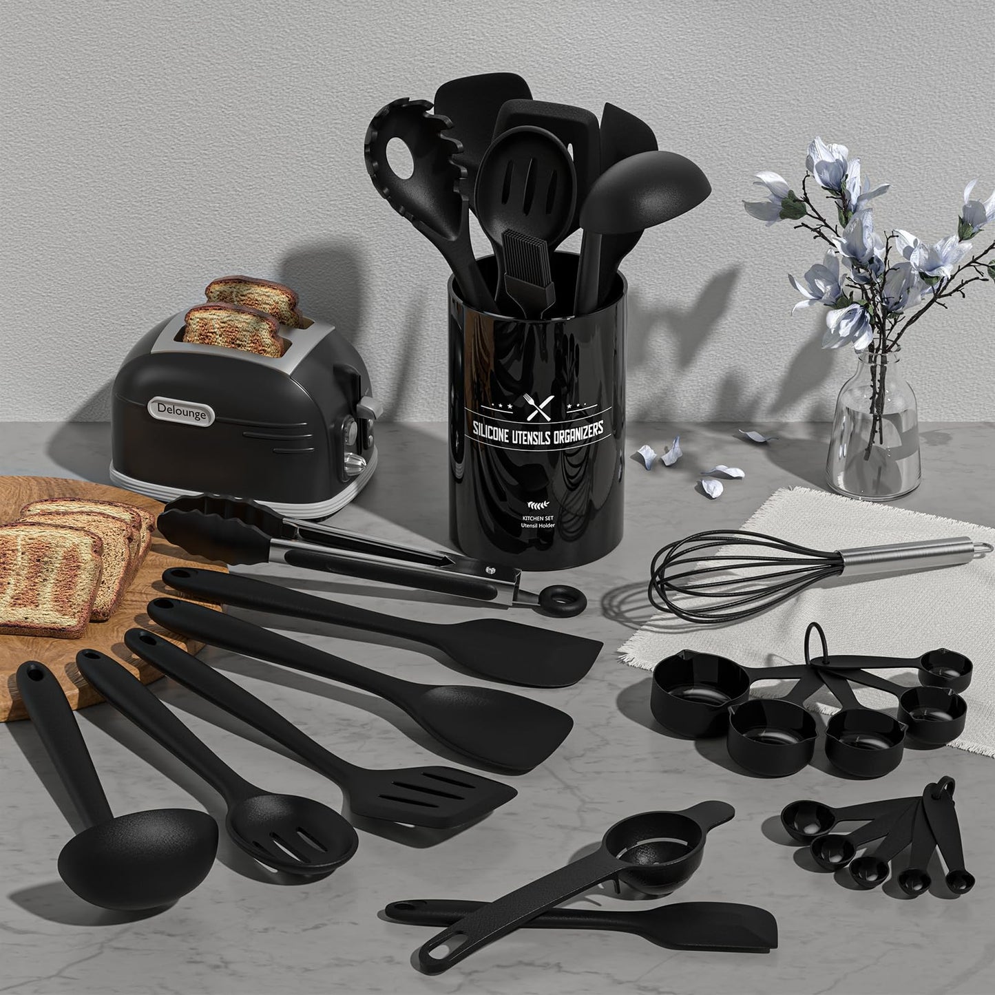 Silicone Kitchen Utensils Set, Umite Chef 22Pcs Cooking Utensils Spatula Set, Heat Resistant Non-Stick Silicone, Dishwasher Safe Cooking Gadgets Tools Set(Black)