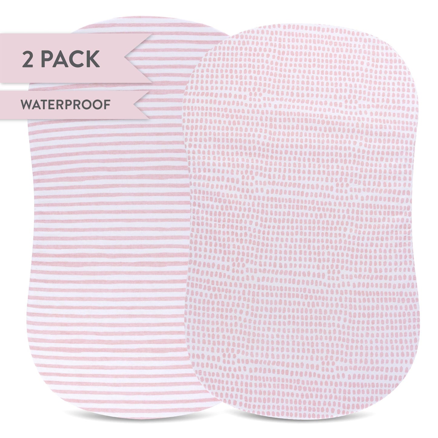 Ely's & Co. Patent Pending Waterproof Bassinet Sheet, No Need for Bassinet Mattress Pad Cover, 2 Pack Mauve Pink Splash & Stripes,for Baby Girl 32" 16"X3"