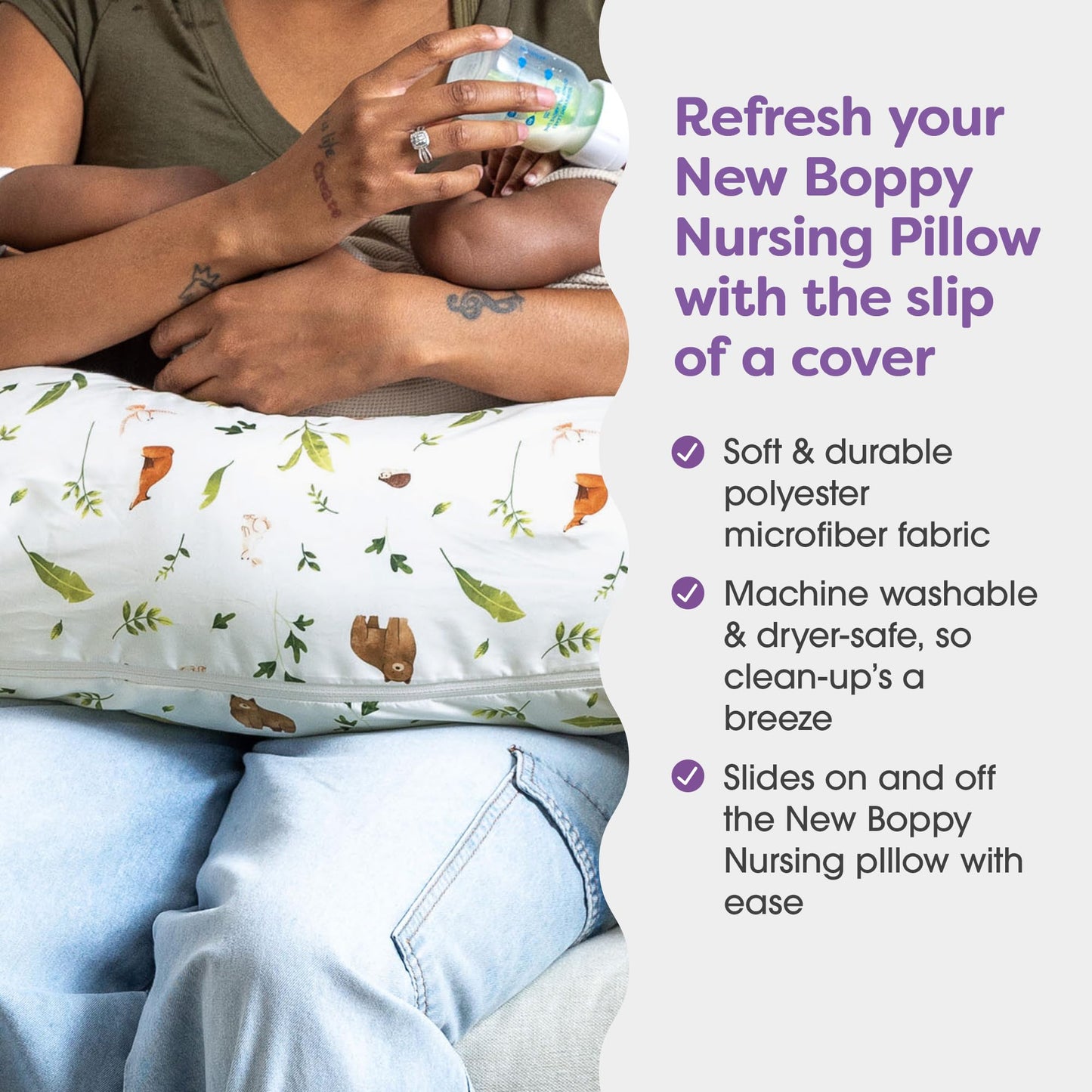Boppy Nursing Pillow Cover - Soft, Hypoallergenic Washable Microfiber Bottle & Breastfeeding Pillow Covers (Redesigned Feeding Pillow Sold Separately) - Neutral Plants and Animals