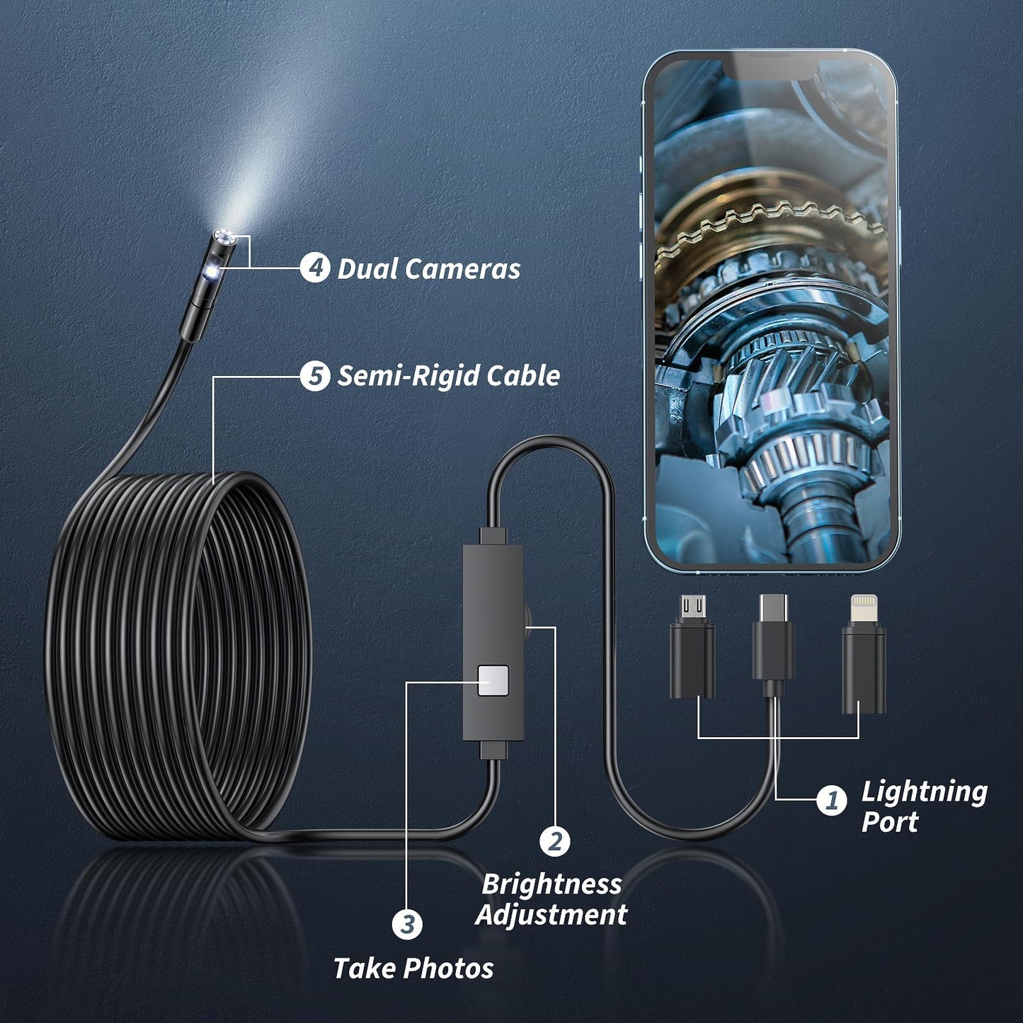 Endoscope Camera with Light,1920P HD Borescope Tools with 8 Adjustable LED Lights, Endoscope with Semi-Rigid Snake Camera, IP67 Waterproof Inspection Borescope for iOS and Android-16.4ft Dual-Lens