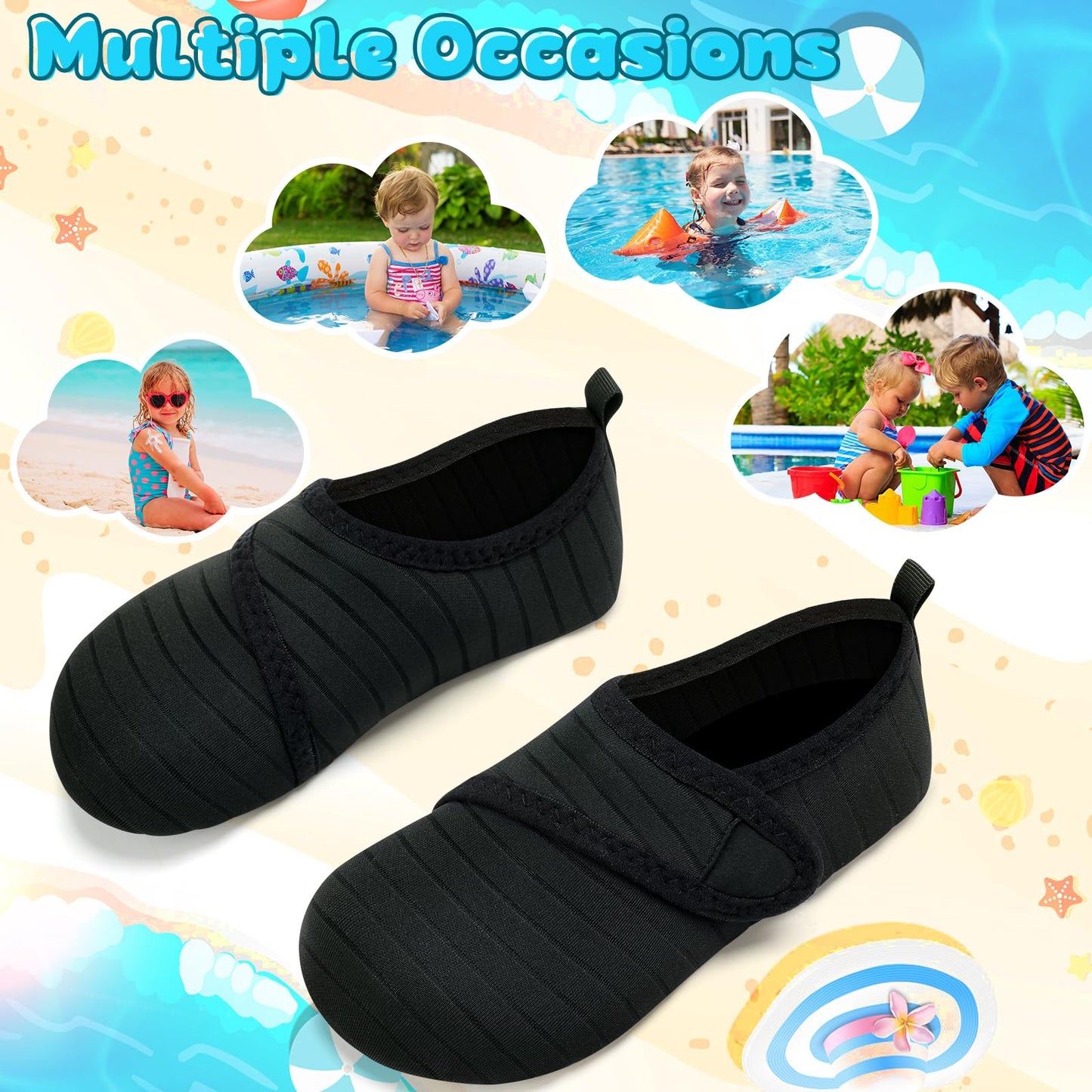 VIFUUR Kids Water Shoes Boys Girls Barefoot Water Sports Socks Hook&Loop Beach Shoes Quick Dry Aqua Socks Swim Walking Outdoor Sports for Toddler Black-30/31