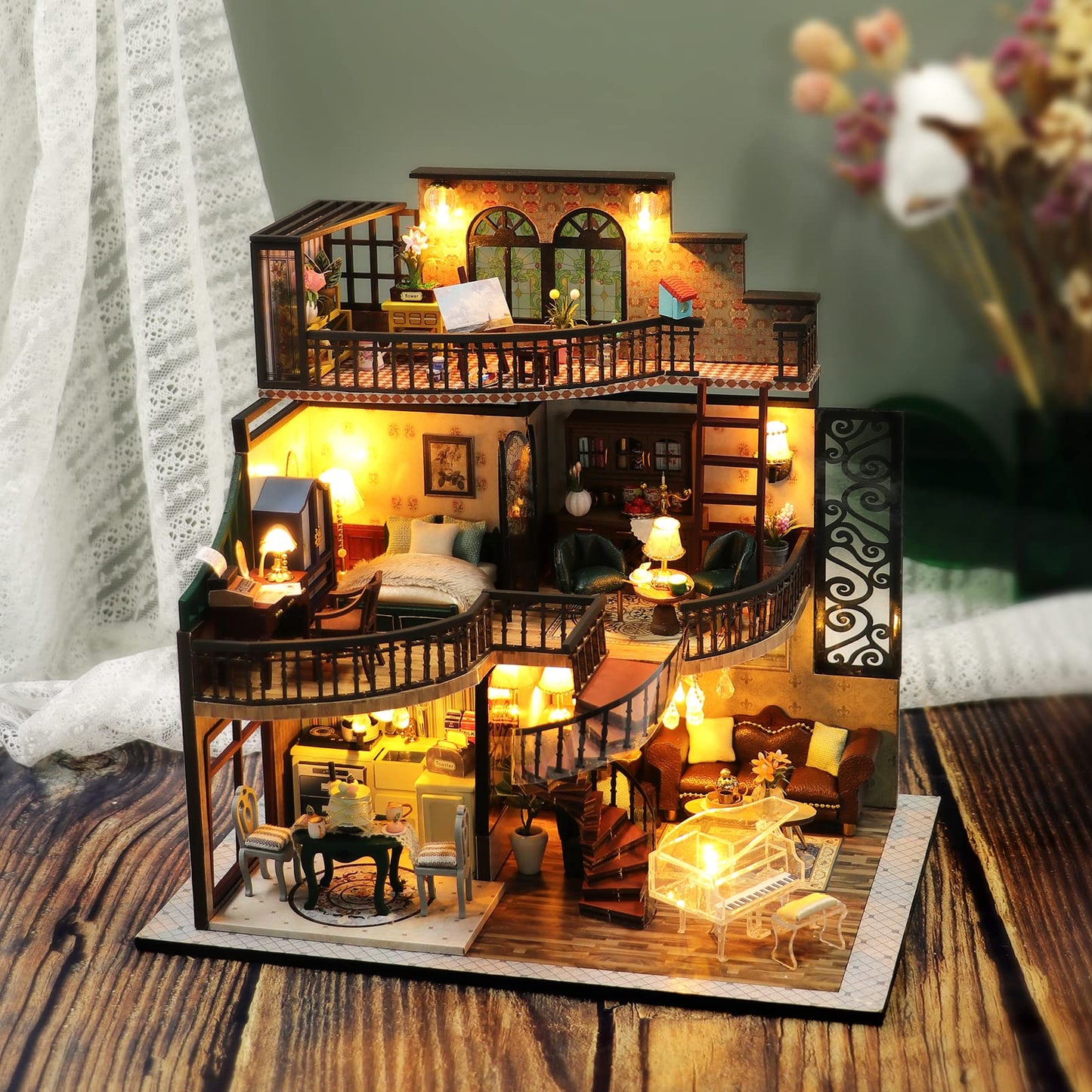 Spilay DIY Dollhouse Miniature with Furniture,DIY Wooden Crafts Doll House Mini Handmade Kit with Dust Proof Cover and Music Movement,1:24 Scale Creative Room Idea Gift for Adult Friend Lover (M2132)