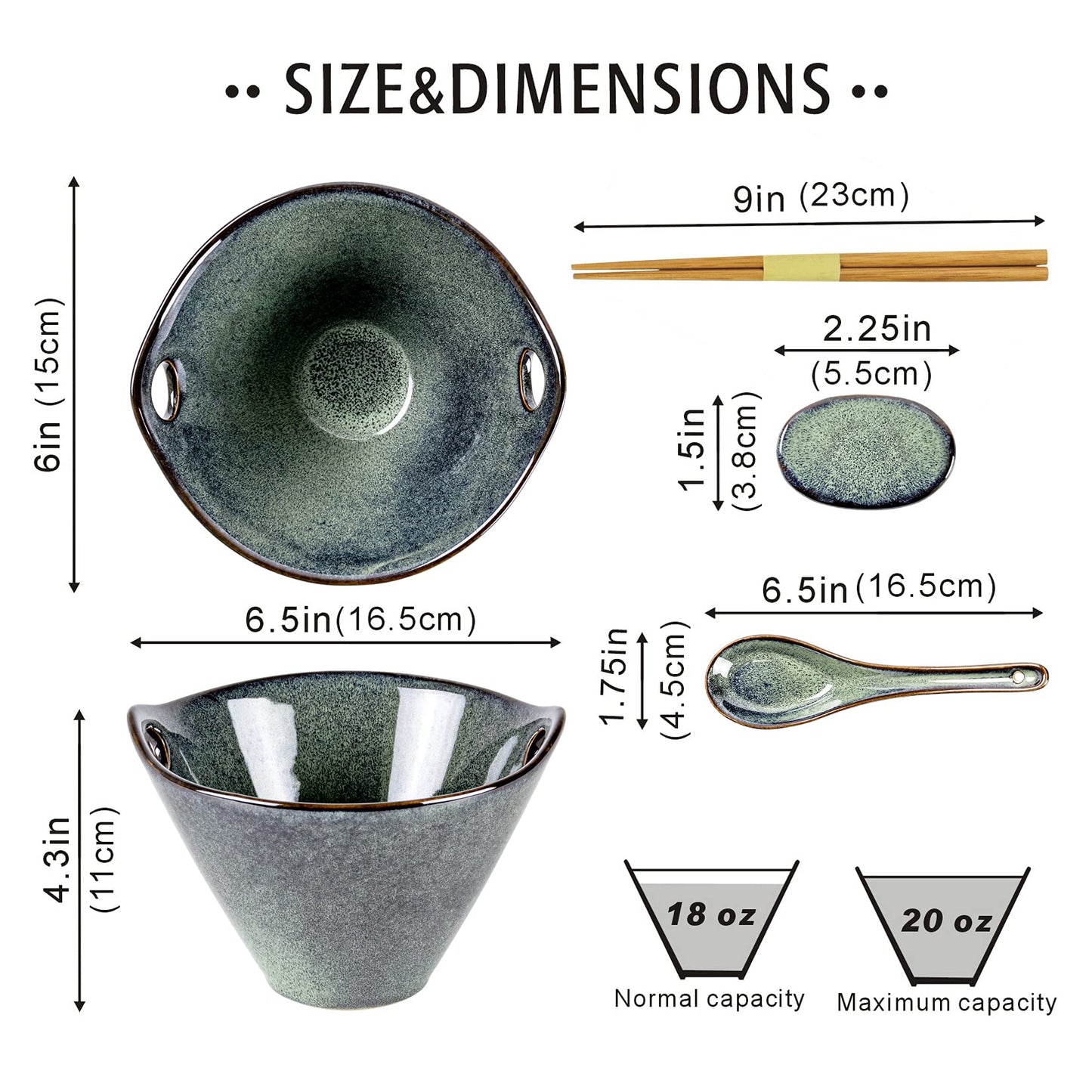 UNICASA Japanese Ramen Bowl Set with Chopsticks, Spoons and Rests, 20oz Deep Porcelain Noodle Bowl Set of 2 for Udon, Pho, Salad, Soup (Reactive Green)