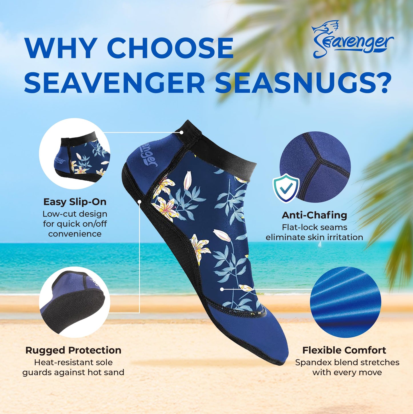 Seavenger SeaSnugs | Low Beach Socks for Sand Volleyball, Soccer, Snorkeling & Watersports (Black, X-Large)