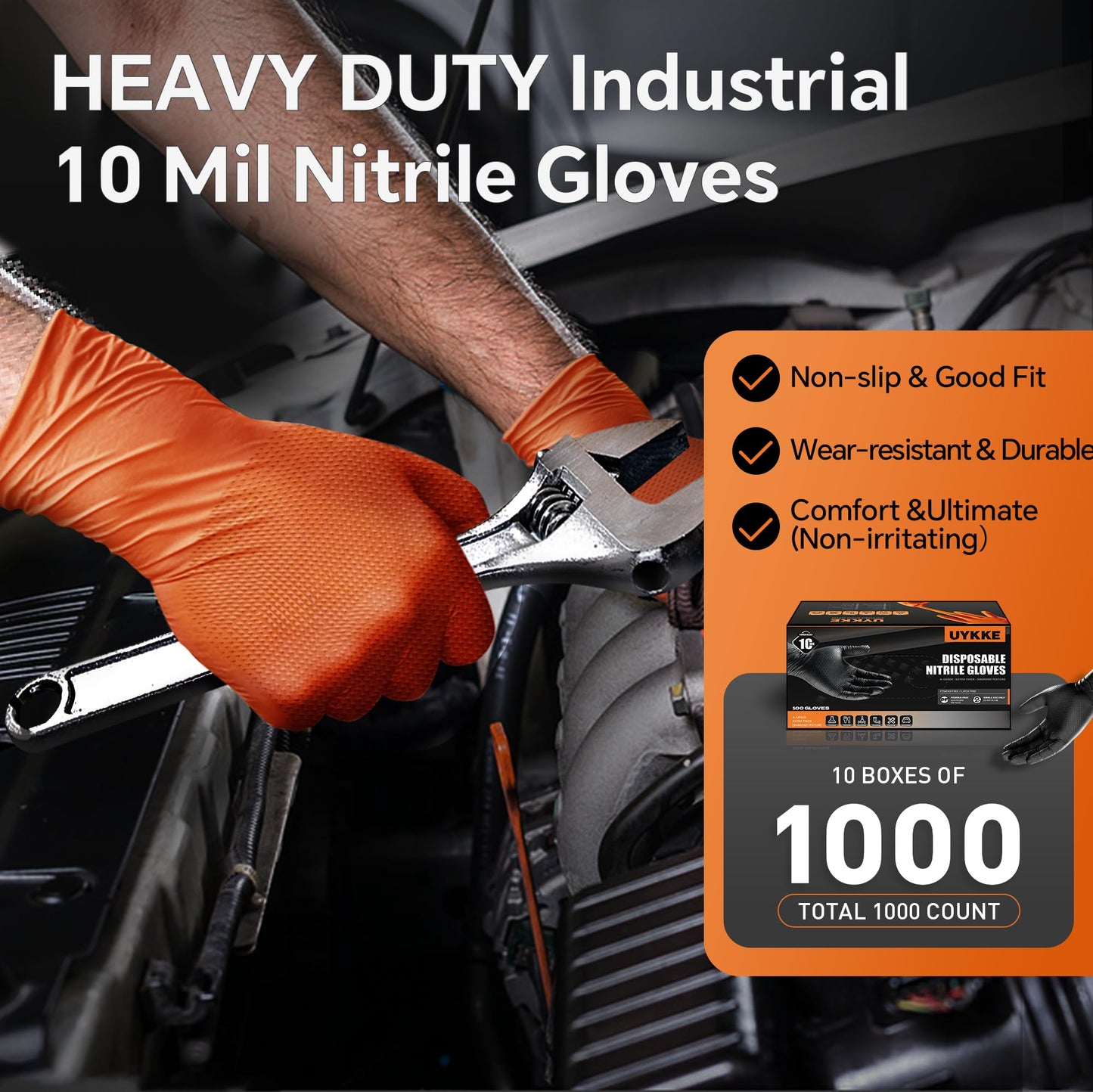 UYKKE 10mil Nitrile Gloves Disposable Rubber Latex Mechanic Gloves,Industrial Disposable Mechanic Latex Rubber Mechanics Glove Heavy Duty Nitrile Glove XL with Diamond Textured(101, X-Large)