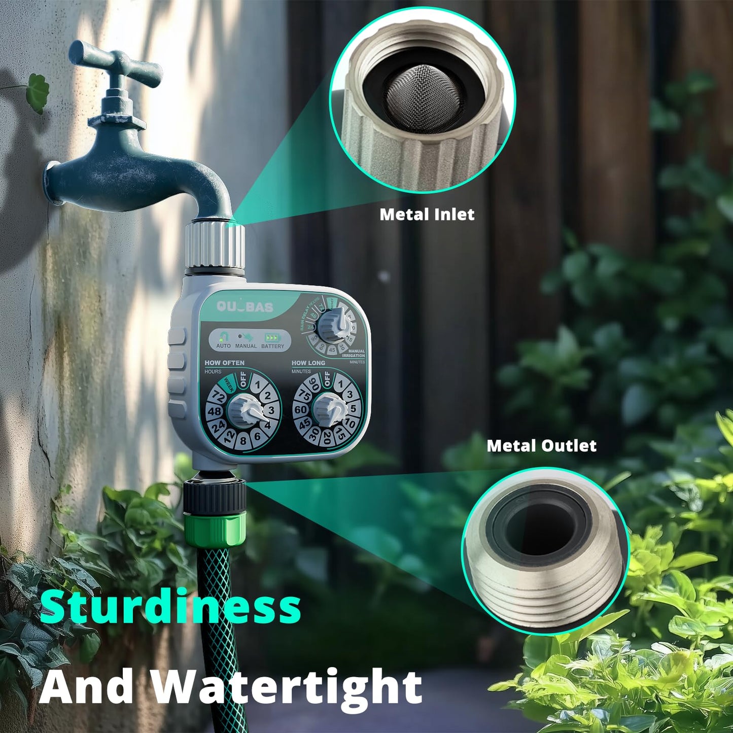 QUOBAS 3-Dial Analog Water Timer, Mechnical Control Automatic Sprinkler Timer with Manual and Rain Delay, for Garden Hose Watering, Drip Irrigation, Self-Watering System, Easy to Set Up