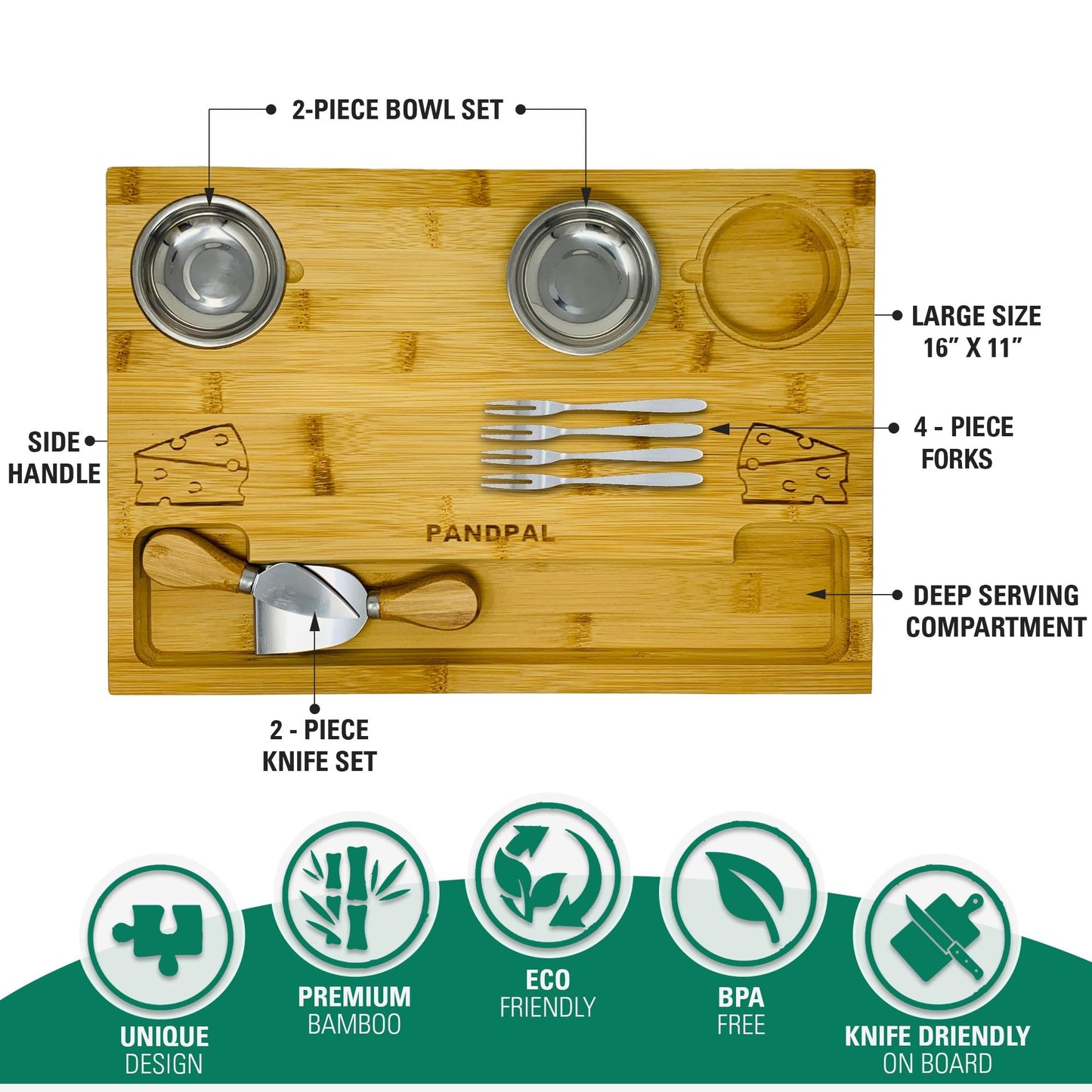 Bamboo Cheese Board with Knives & Bowls - Extra Large Wooden Cutting Board Platter for Wine & Charcuterie