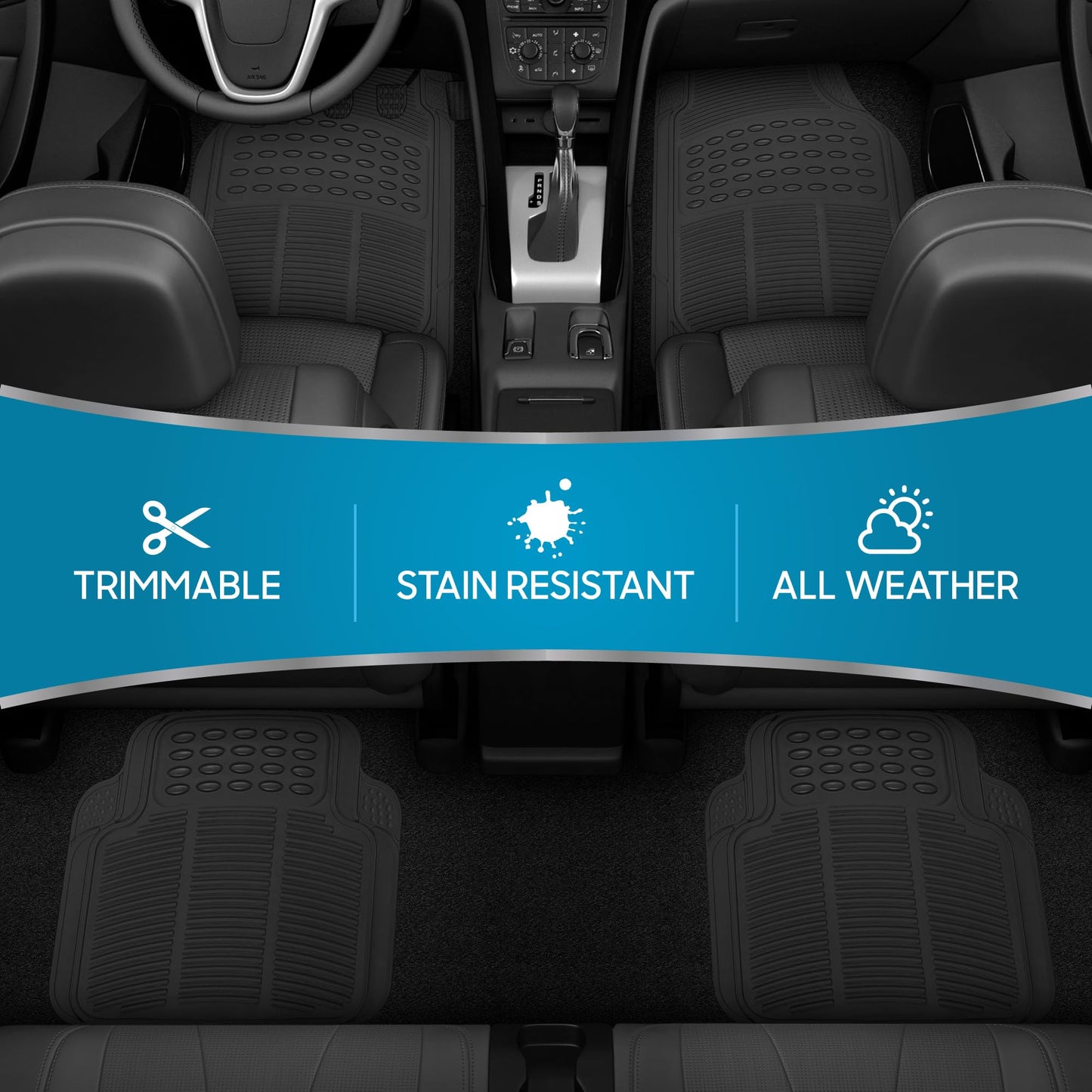 BDK Floor Mats, 4-Piece All-Weather Car Mat with Universal Fit Design, Durable Rubber Car Floor Mats with Capture Ridges, Waterproof for Cars Trucks SUV (Black)