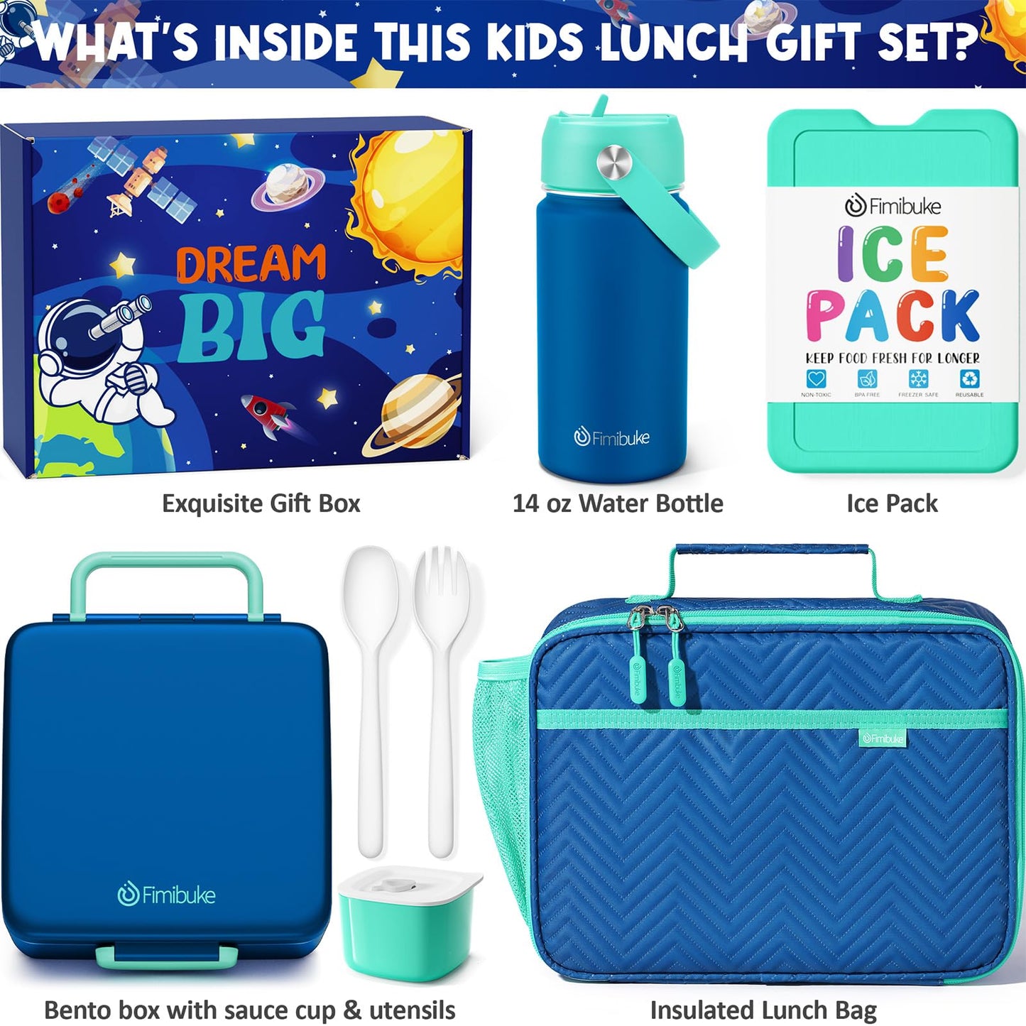 Fimibuke Kids Bento Lunch Box with 4 Compartments, Insulated lunch Bag, Stainless Steel Insulated Water Bottle, Ice Pack & Utensils Set, Birthday Gifts for Ages 3-12 Back to School Toddler Girls Boys