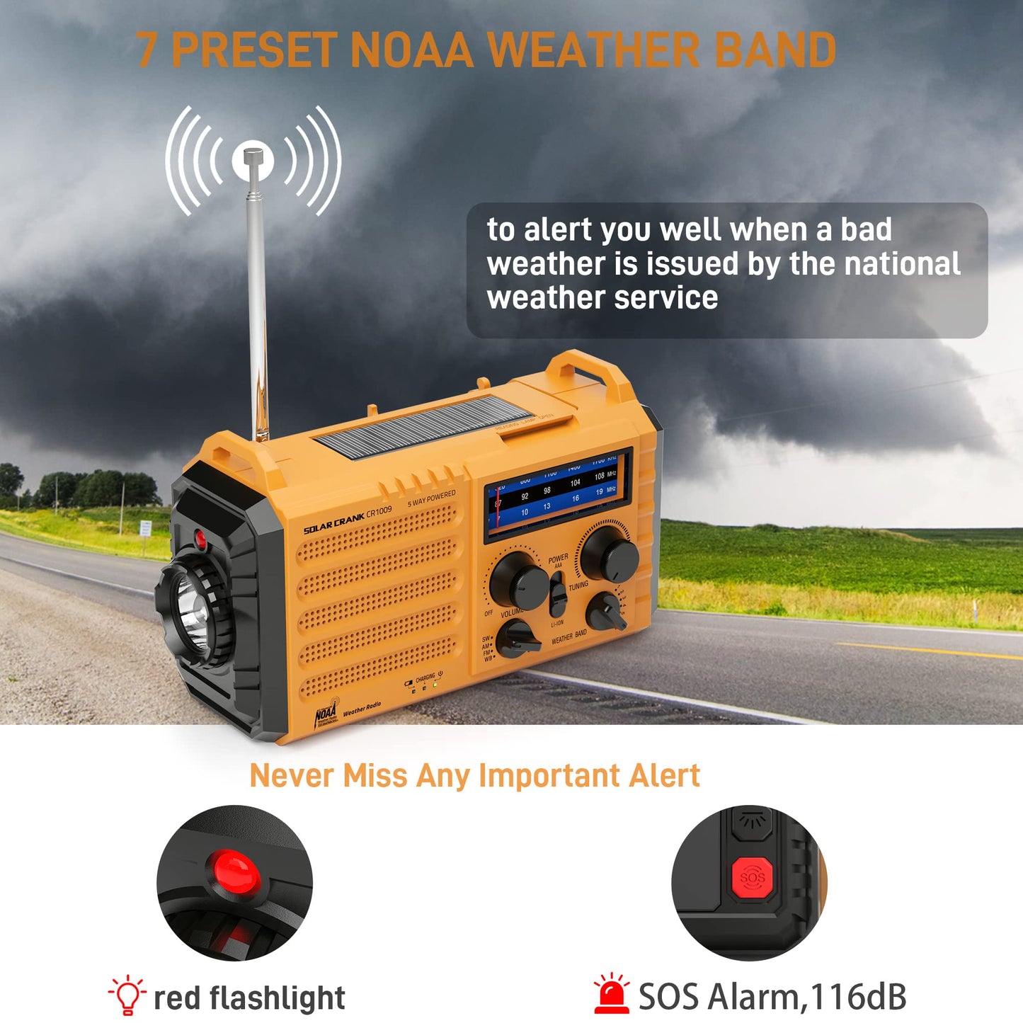 Eoxsmile Emergency Radio with NOAA Weather Alert– 5000mAh Solar Hand Crank Portable AM/FM Shortwave Radio, Rechargeable Battery, USB Charger, Flashlight, SOS Alarm for Home Outdoor Hurricane Survival