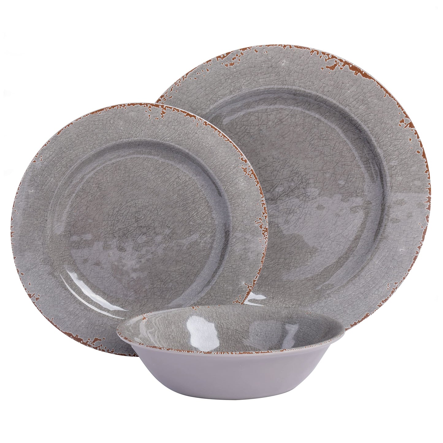 Gibson Home Mauna Melamine Plastic Dinnerware Set, Service for 4 (12pcs), Grey Rustic