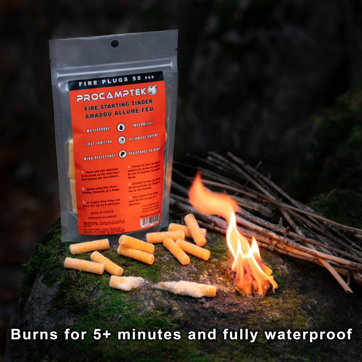 Procamptek Fire Plugs 100% Waterproof Fire Starter for Emergencies, Survival, Campfire, Fire Pits, Grills | Burns 5+ Minutes, All Natural, Non-Toxic (50 Fire Plugs)