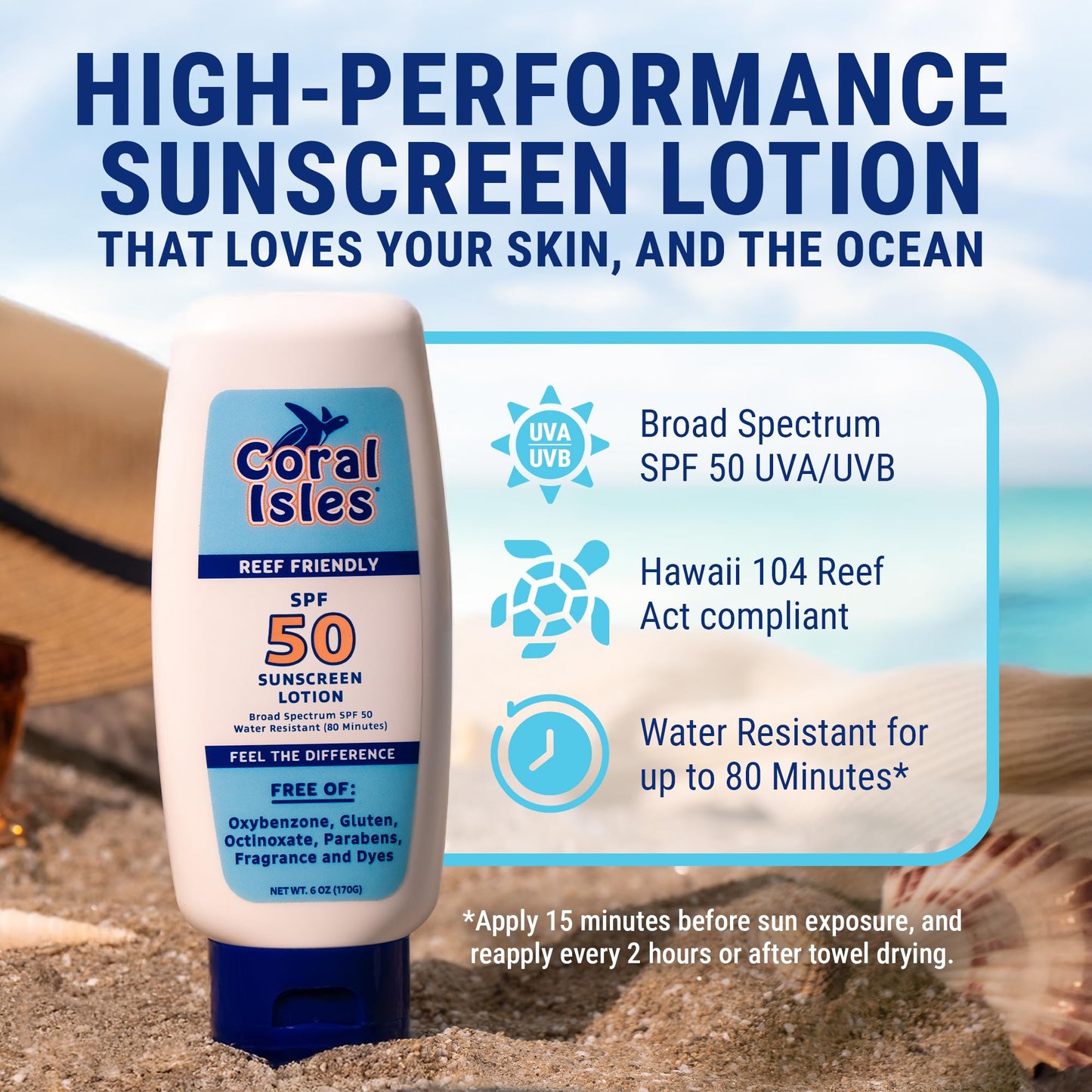 Coral Isles Sunscreen SPF 50 | Hawaii Compliant as Reef Safe | Octinoxate & Oxybenzone Free | Broad Spectrum UVA/UVB Protection | Water Resistant 80 Min. | Fragrance Free | 6 Fl Oz Lotion