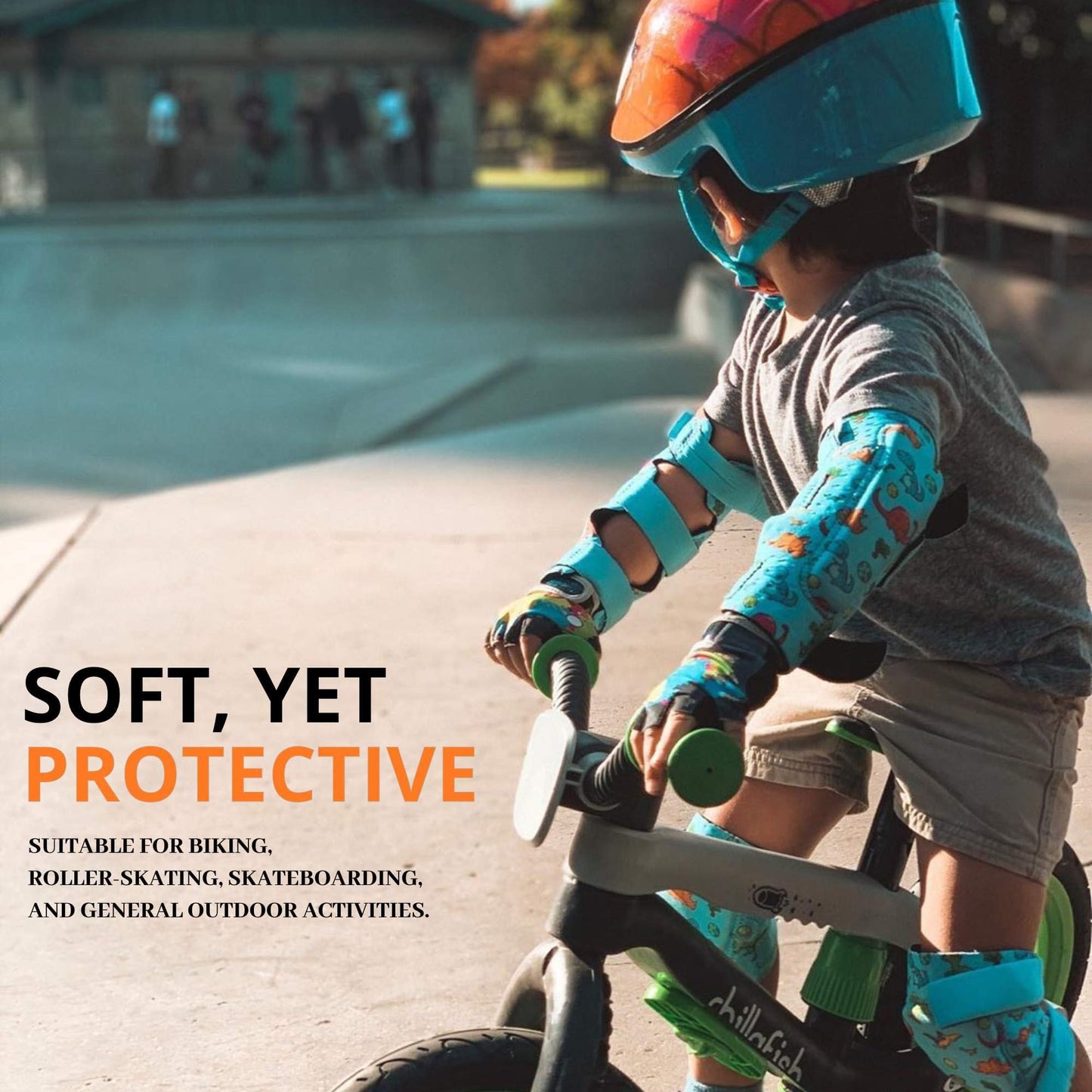 Soft-Style Kids Knee and Elbow Pads with Bike Gloves, Flexible Impact-Resistant Gear for Ages 2-11, Designed for Balance Bikes, Roller-Skating, and Skateboarding (Dinosaur, Small)
