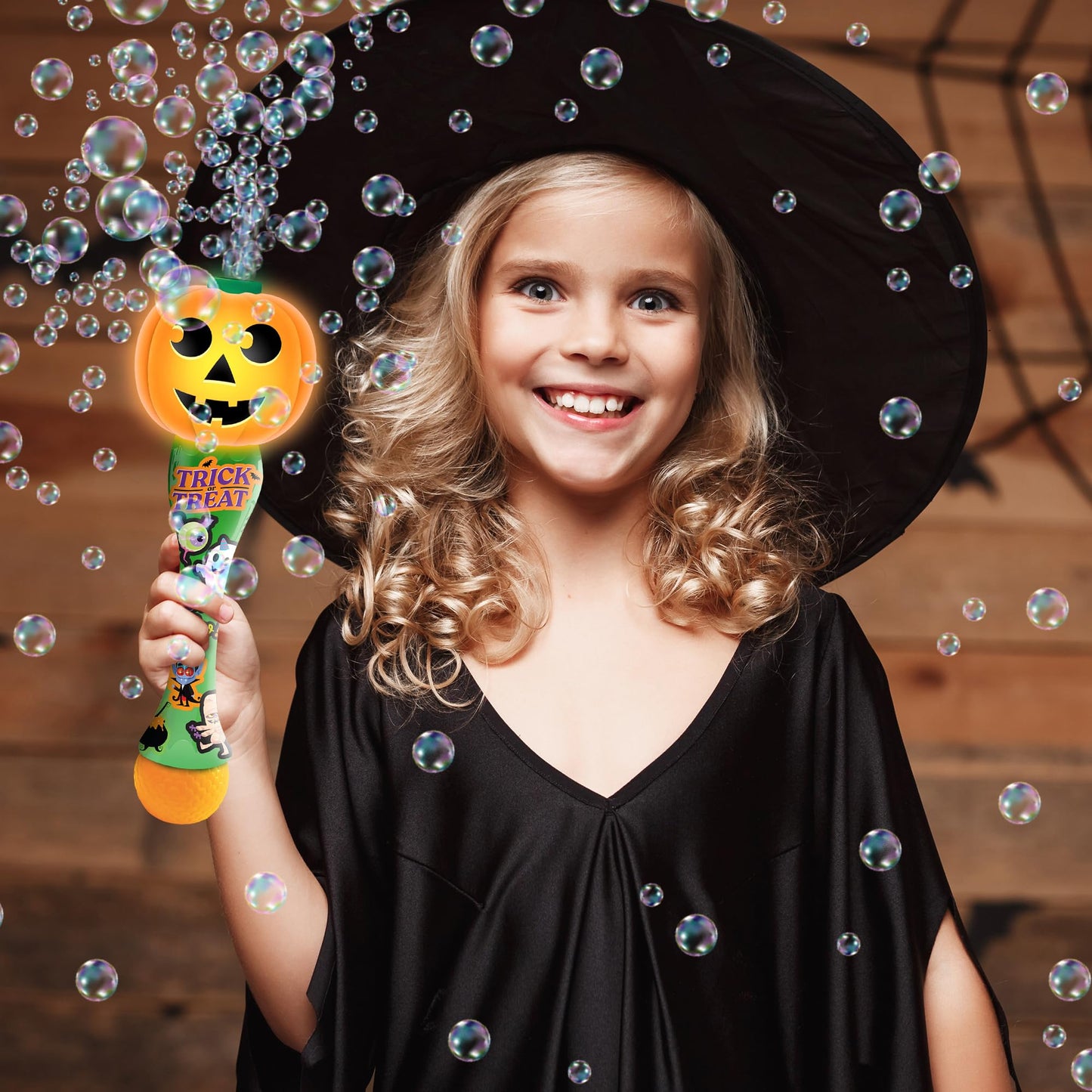 ArtCreativity Halloween Bubble Wand for Kids, 14" Light Up Pumpkin Bubble Wand for Toddlers with LED & Music, Halloween Boo Basket Stuffers for Kids, Haloween Toys for Toddlers