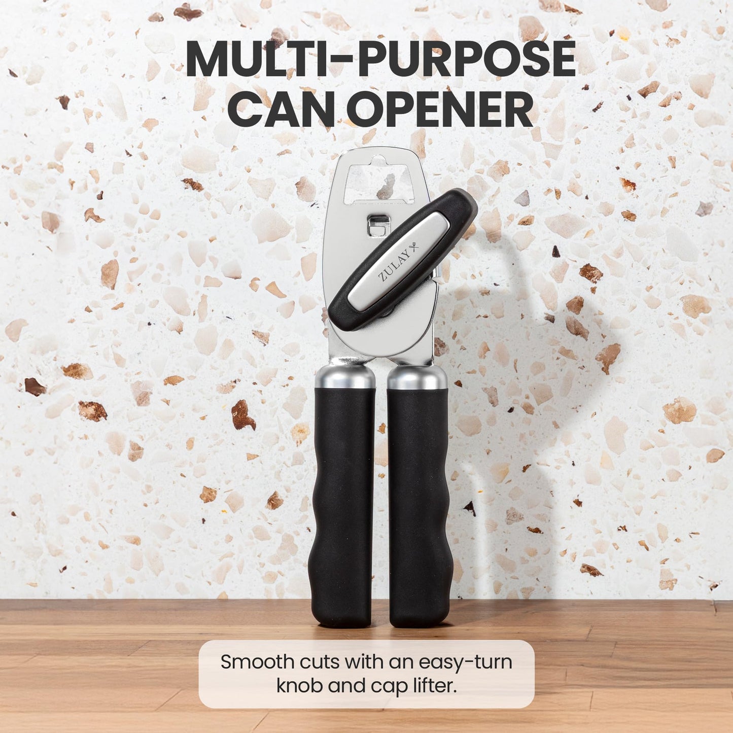Zulay Kitchen Heavy Duty Stainless Steel Can Opener Manual with Bottle Opener - Rust Proof Manual Can Opener With Turn Knob & Comfy Soft Grip Handles - Black