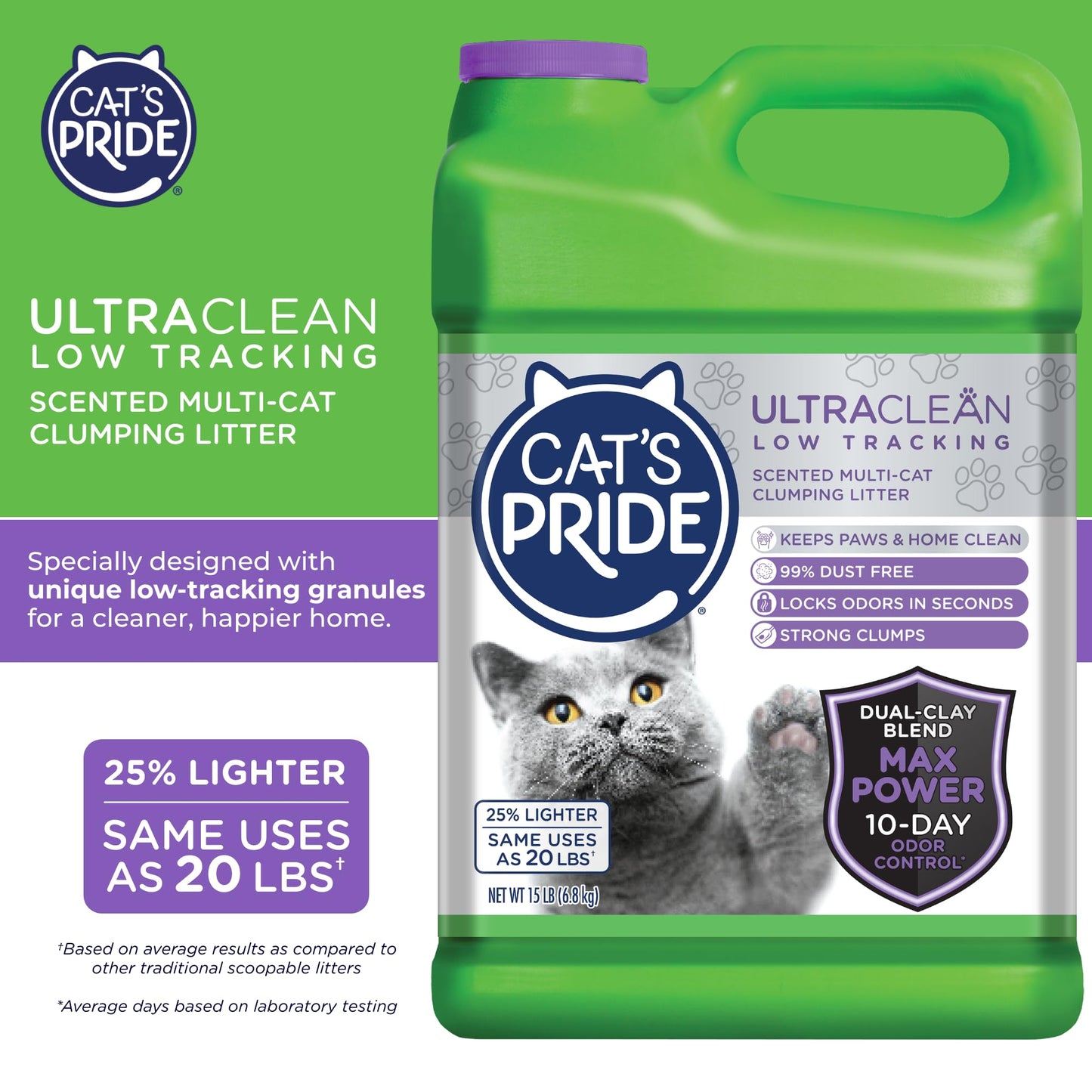 Cat's Pride Max Power: UltraClean Low Tracking Multi-Cat Clumping Litter - Keeps Paws & Home Clean - Up to 10 Days of Powerful Odor Control - 99% Dust Free - Fresh Scent, 15 Pounds
