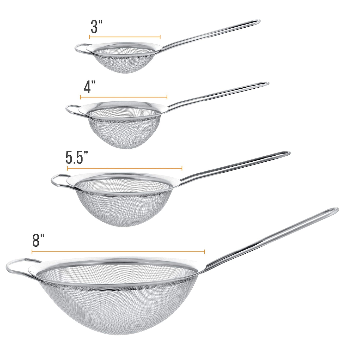 U.S. Kitchen Supply - Set of 4 Premium Quality Fine Mesh Stainless Steel Strainers with Wide Resting Ear Design - 3", 4", 5.5" and 8" Sizes - Sift, Strain, Drain and Rinse Vegetables, Pastas & Tea