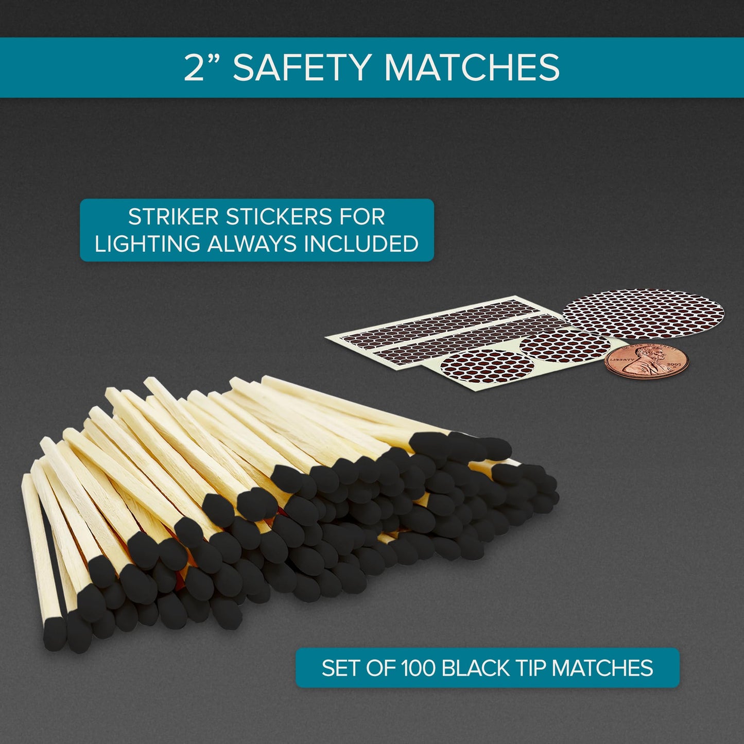 2" Artisan Black Tip Matches | 100 Bold Black Tip Safety Matchsticks with Strikers by Thankful Greetings | Great for Home Décor, Candle Lovers, & Crafts | Decorative Candle Accessories