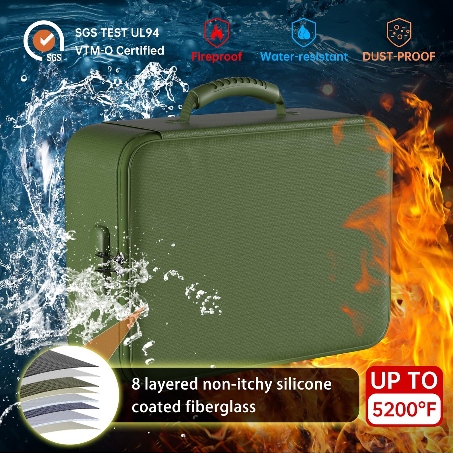 DocSafe 5200°F Document Organizer with Lock,Upgraded Heat Insulated Fireproof&Waterproof Box 8 Layers File Organizer,Portable Home Travel Safe Storage for Important Documents, Files,Green (Soft)