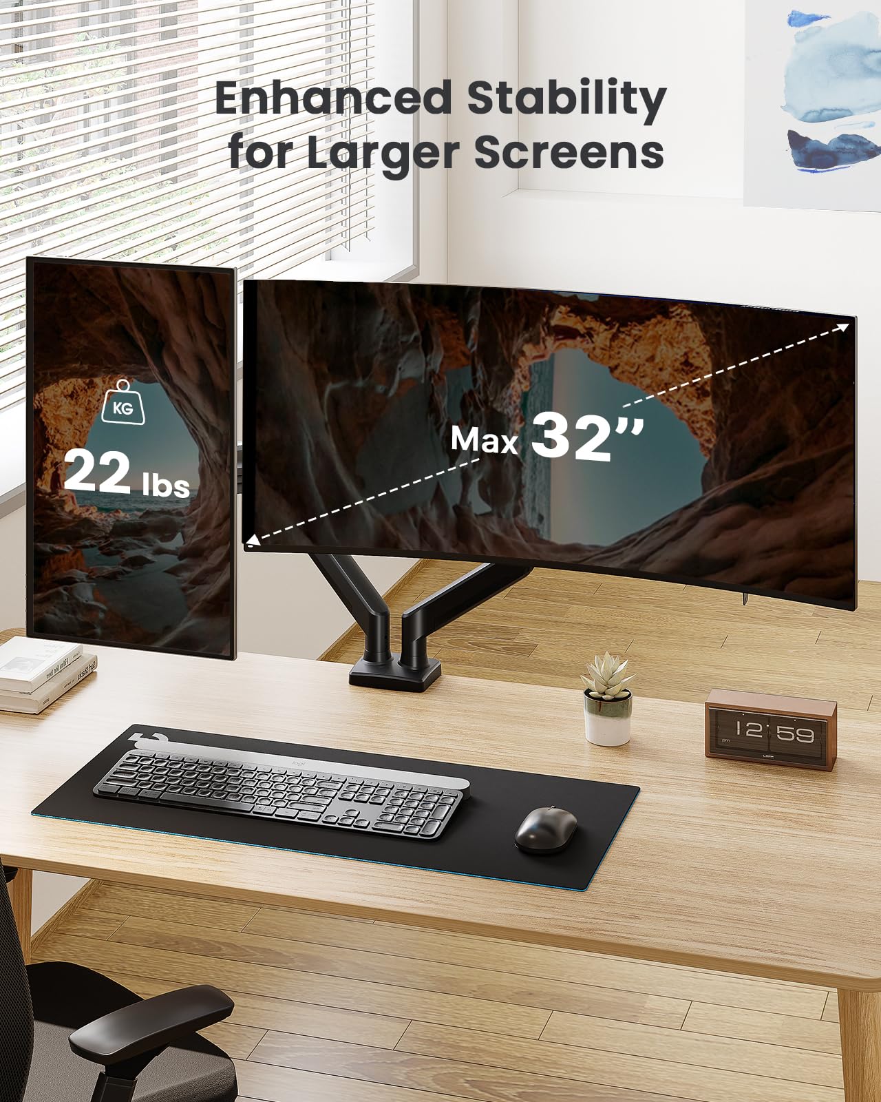 ErGear Dual Monitor Stand up to 32 inches Screen, Load-Bearing Max 22 lbs Each Arm, Adjustable Dual Monitor Mount, Sturdy Steel vesa Monitor Mount with Stable VESA 75x75 100x100mm