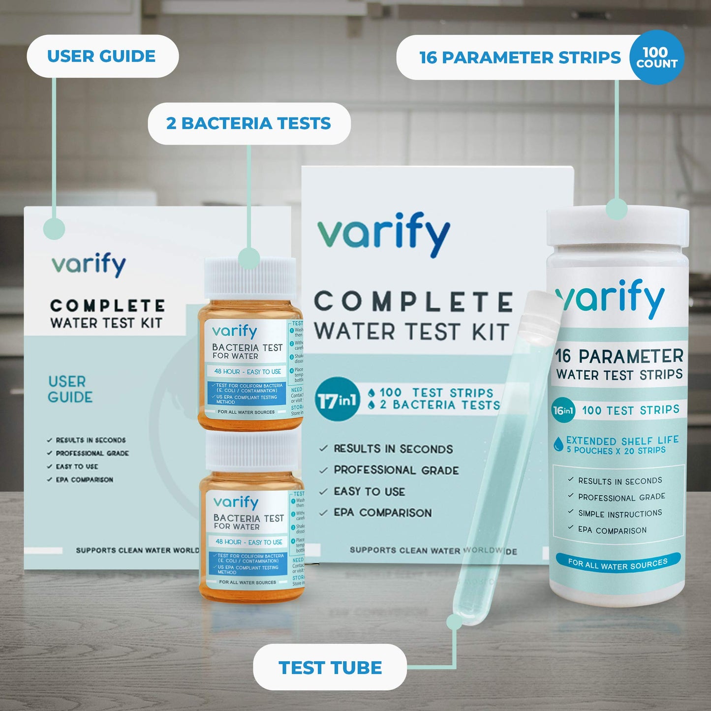 Varify 17in1 Complete Drinking Water Test Kit - 100 Strips + 2 Bacteria Tester Kits - Well, Tap, Home, City Water Testing Strip for Lead, Alkaline, Chlorine, Hardness, Iron, Fluoride, Copper & More