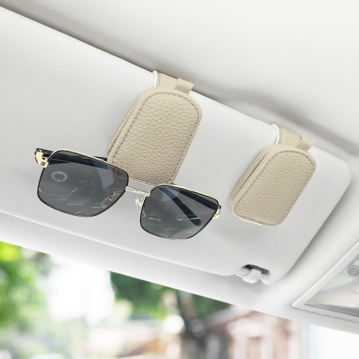 SINGARO Sunglasses Holder for Car, Leather Magnetic Buckle Sun Visor Sunglass Clip, Ticket Card Storage Glasses Clip, Car Interior Accessories for Men and Women(2PCS Beige)