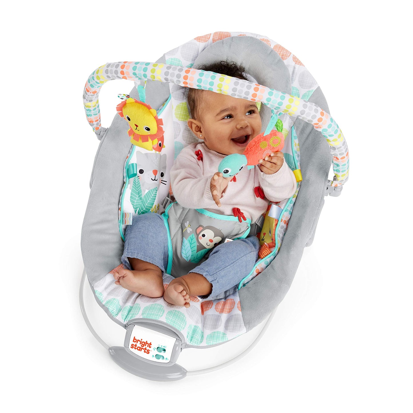 Bright Starts Comfy Baby Bouncer Soothing Vibrations Infant Seat - Taggies, Music, Removable -Toy Bar, 0-6 Months Up to 20 lbs (Whimsical Wild)