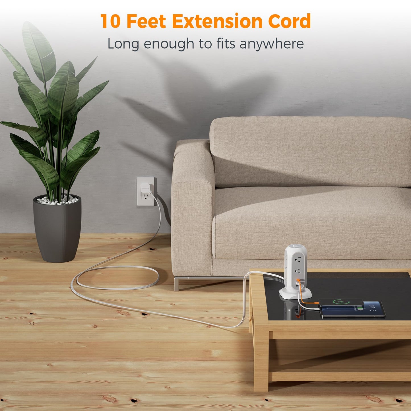 Surge Protector Power Strip Tower 10 Ft, TESSAN Flat Plug Extension Cord with 11 AC Outlets 3 USB Ports (1 USB C), 1050J Protection Charging Station for Home, Office Supplies, Dorm Room Essentials