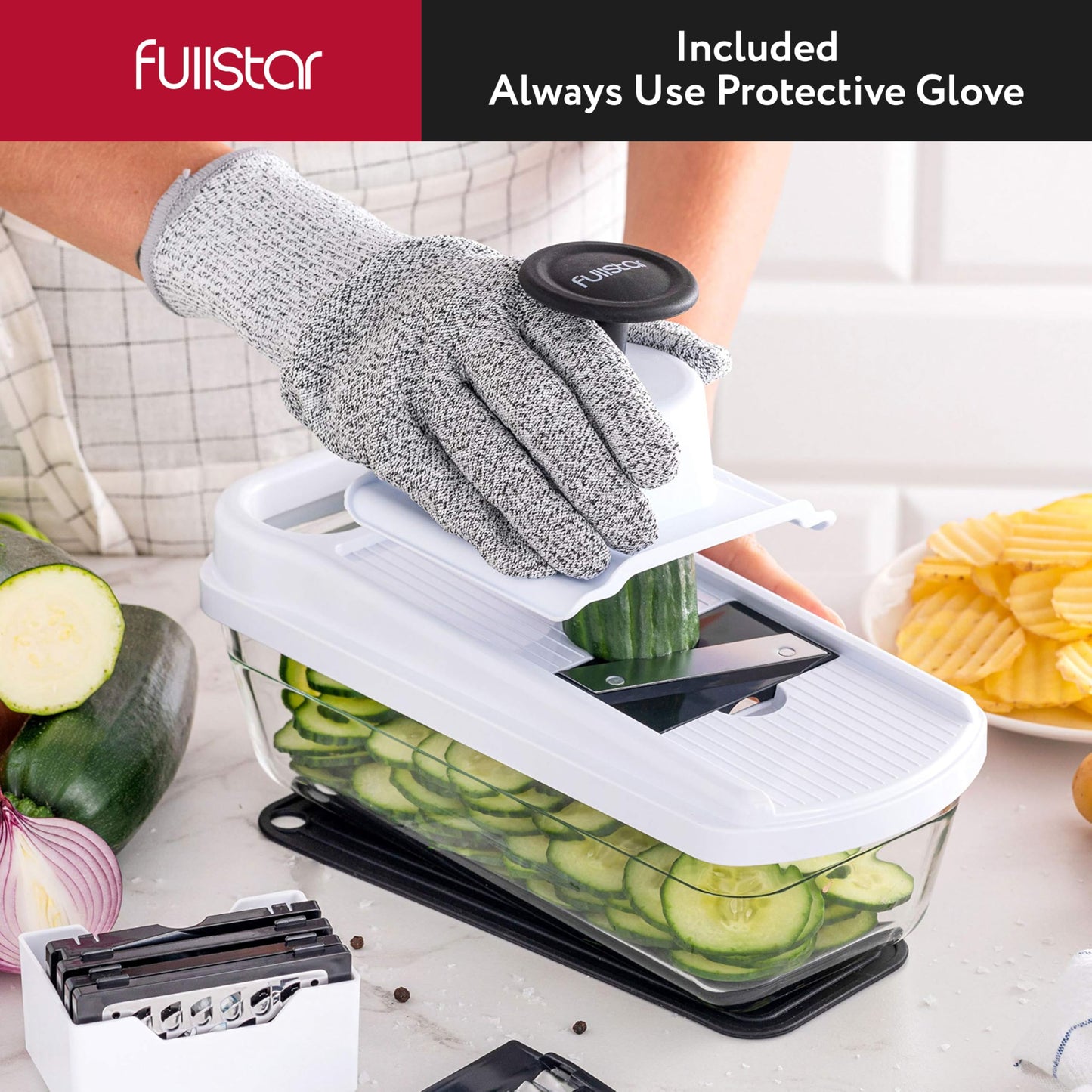 Fullstar Mandoline Slicer for Kitchen, Fruit Cutter, Cheese Grater, Cucumber Slicer, Food Cutter & Kitchen Gadgets (7 in 1, White)